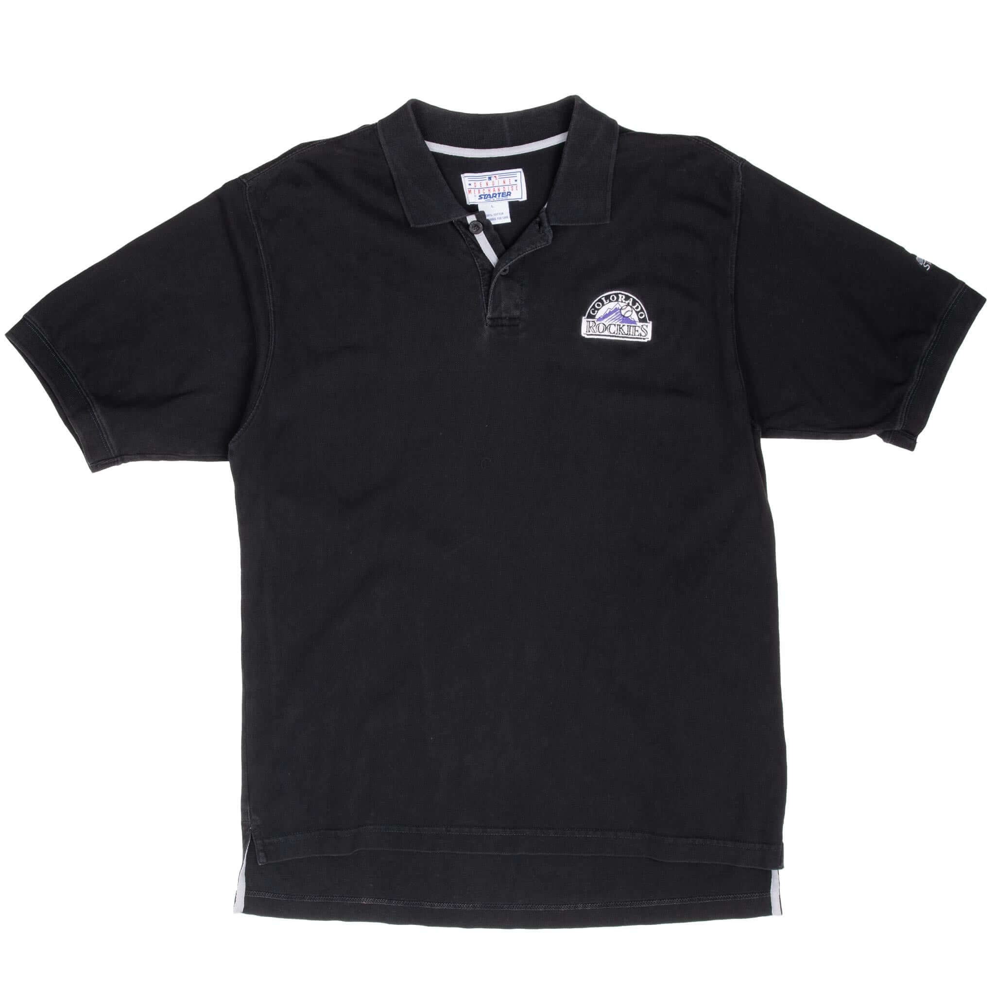 Full front view of black Colorado Rockies short-sleeve polo shirt