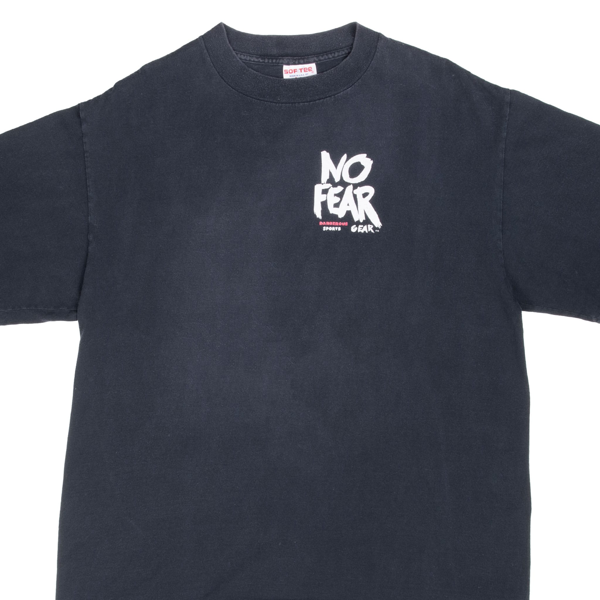 Upper front of black No Fear T-shirt with small white and red chest graphic
