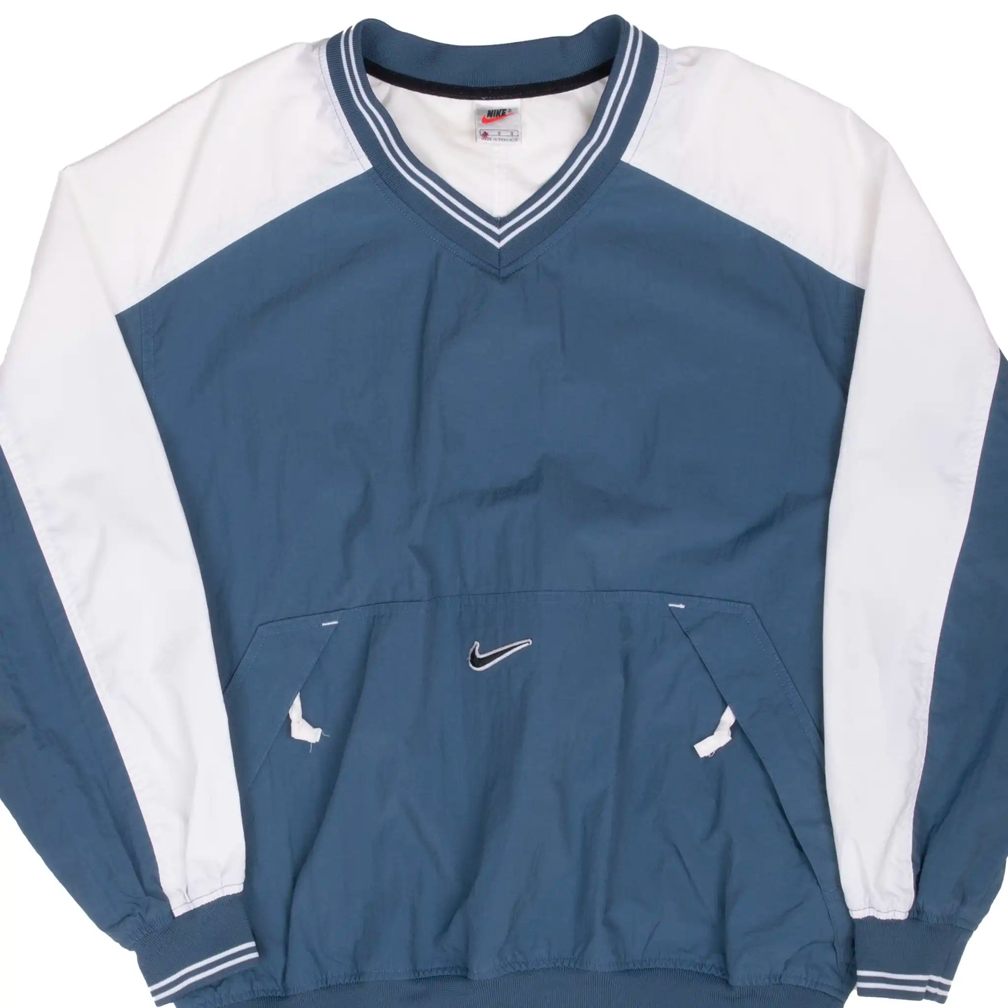 VINTAGE NIKE CENTER SWOOSH BLUE WHITE PULLOVER WINDBREAKER JACKET 1990S LARGE