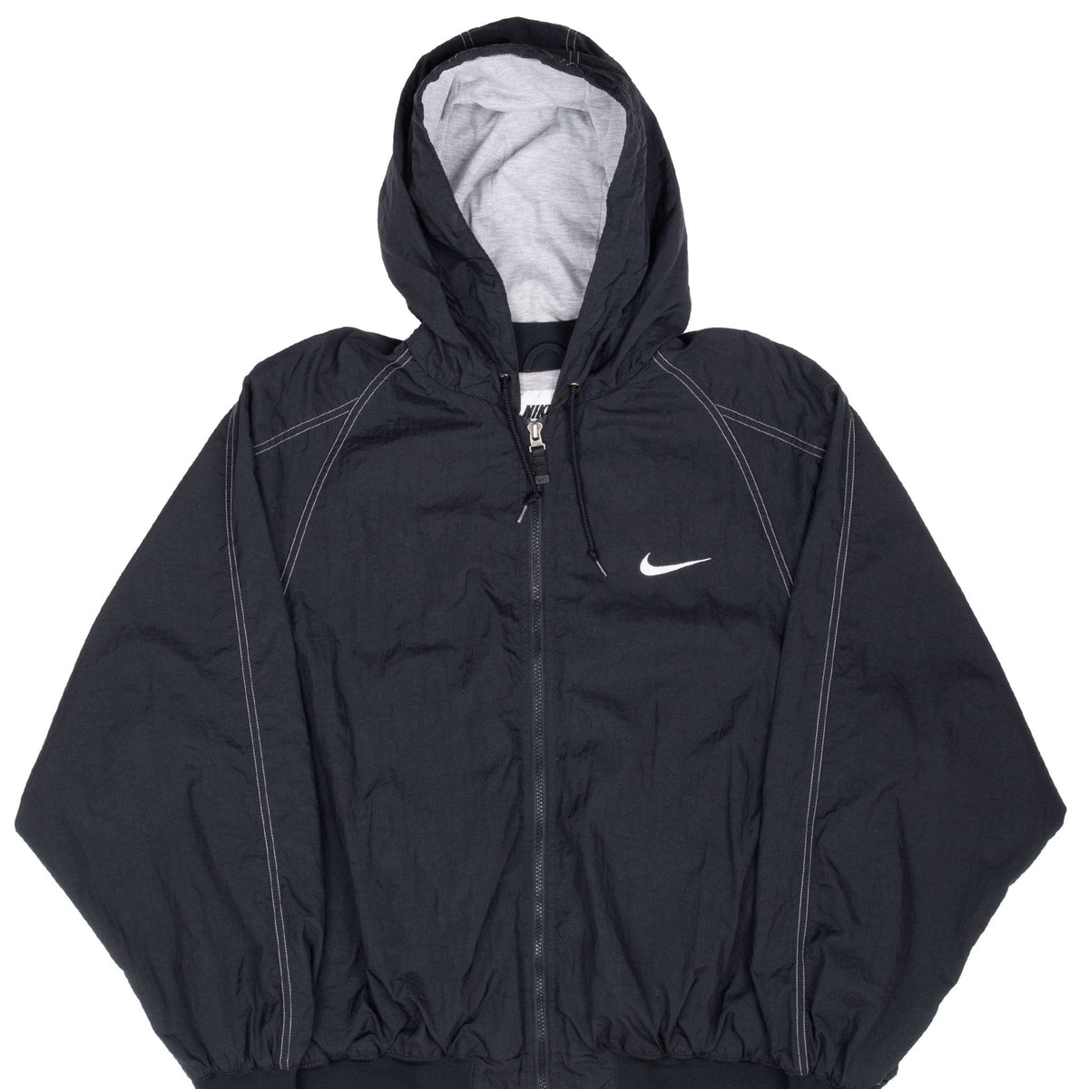Front of black Nike hooded windbreaker with white Swoosh and contrast stitching