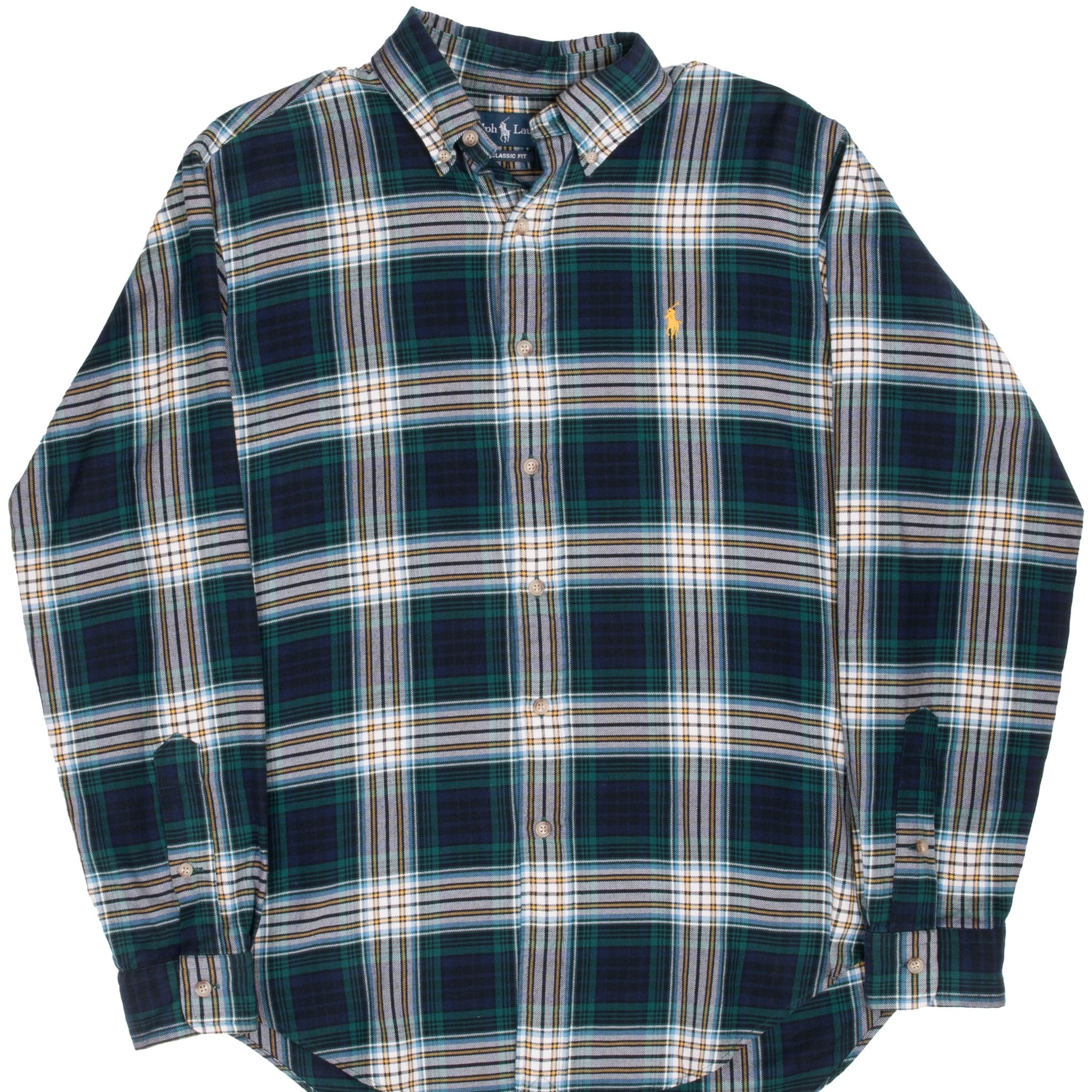 Front of Ralph Lauren green plaid flannel shirt with yellow Polo pony embroidery