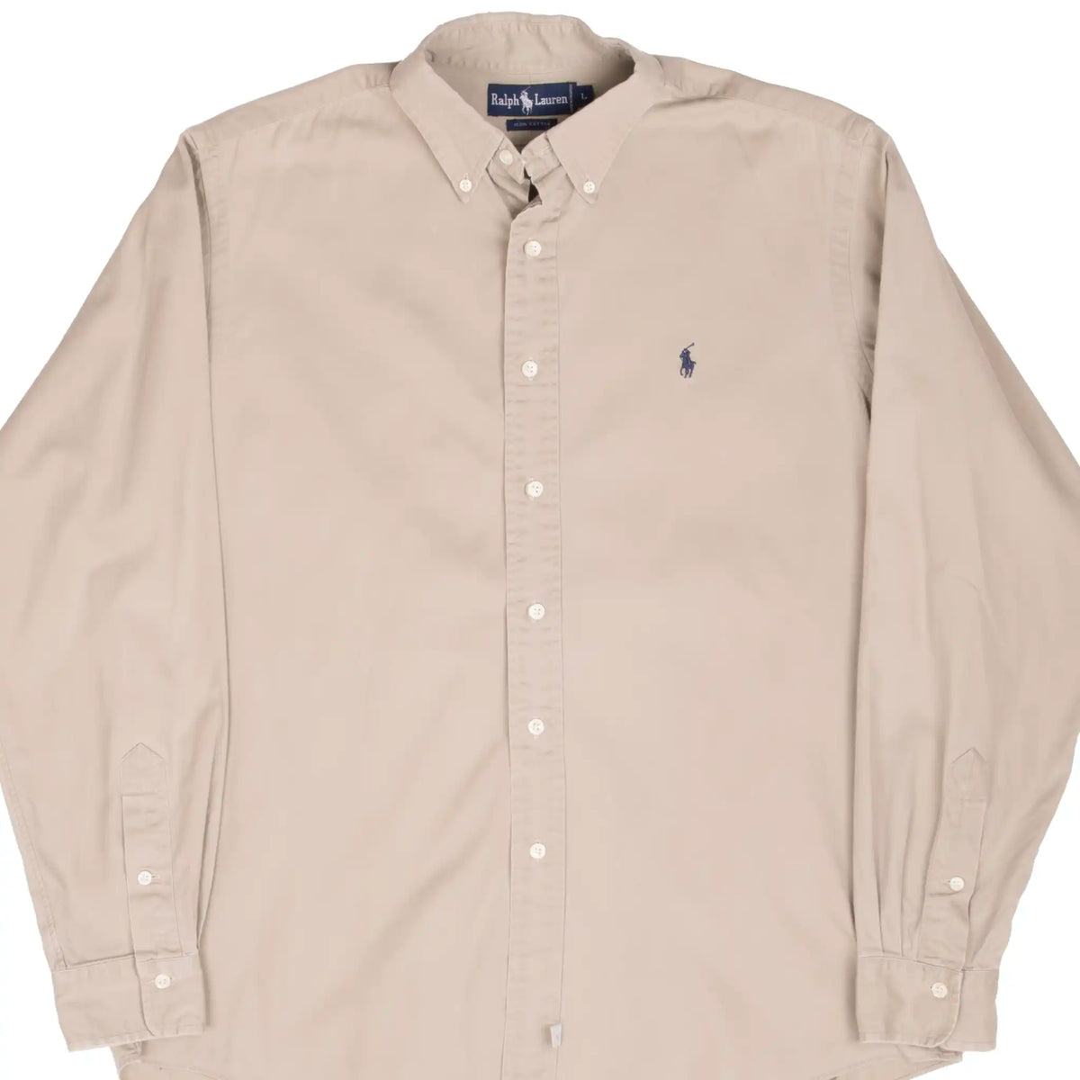 Front of beige Ralph Lauren long-sleeve button-down shirt with navy Polo logo