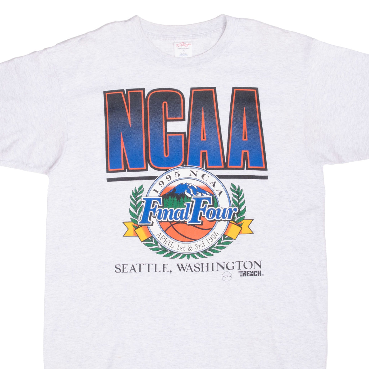 Front of gray NCAA 1995 Final Four Seattle T-shirt with multicolor basketball and mountain graphic