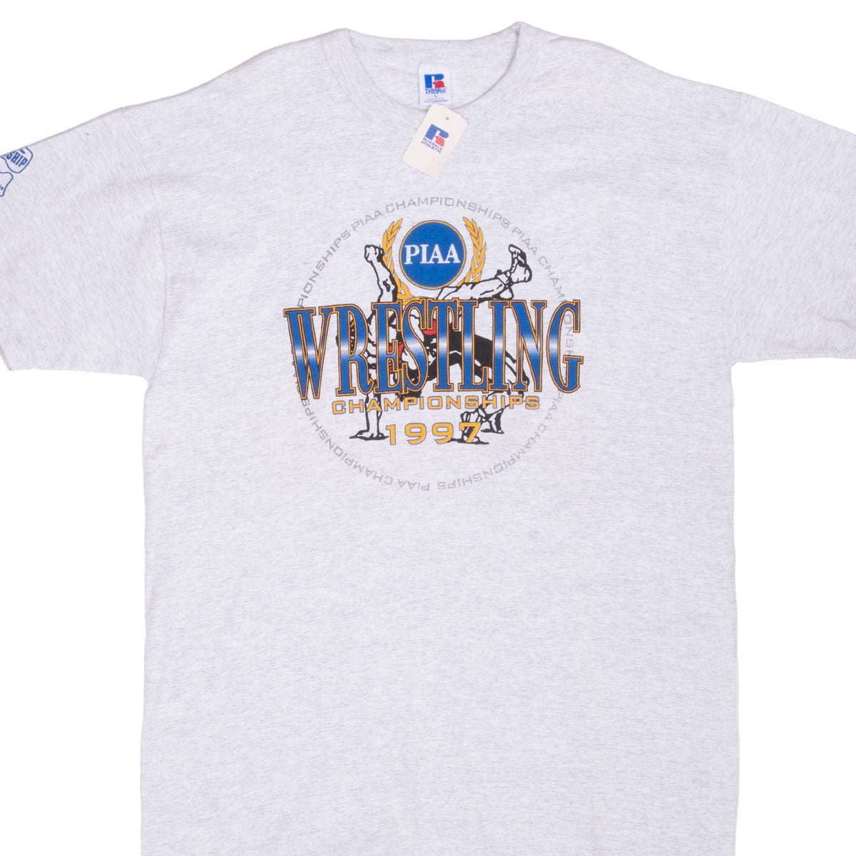 Front of gray PIAA Wrestling Championships 1997 T-shirt with multicolor tournament graphic