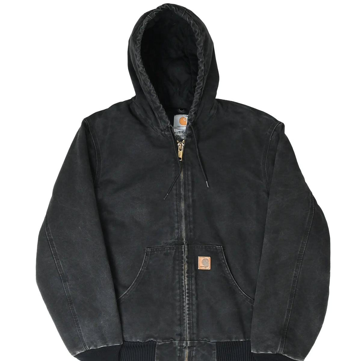 Front of black Carhartt J130 hooded active jacket with zip closure and split pouch pockets
