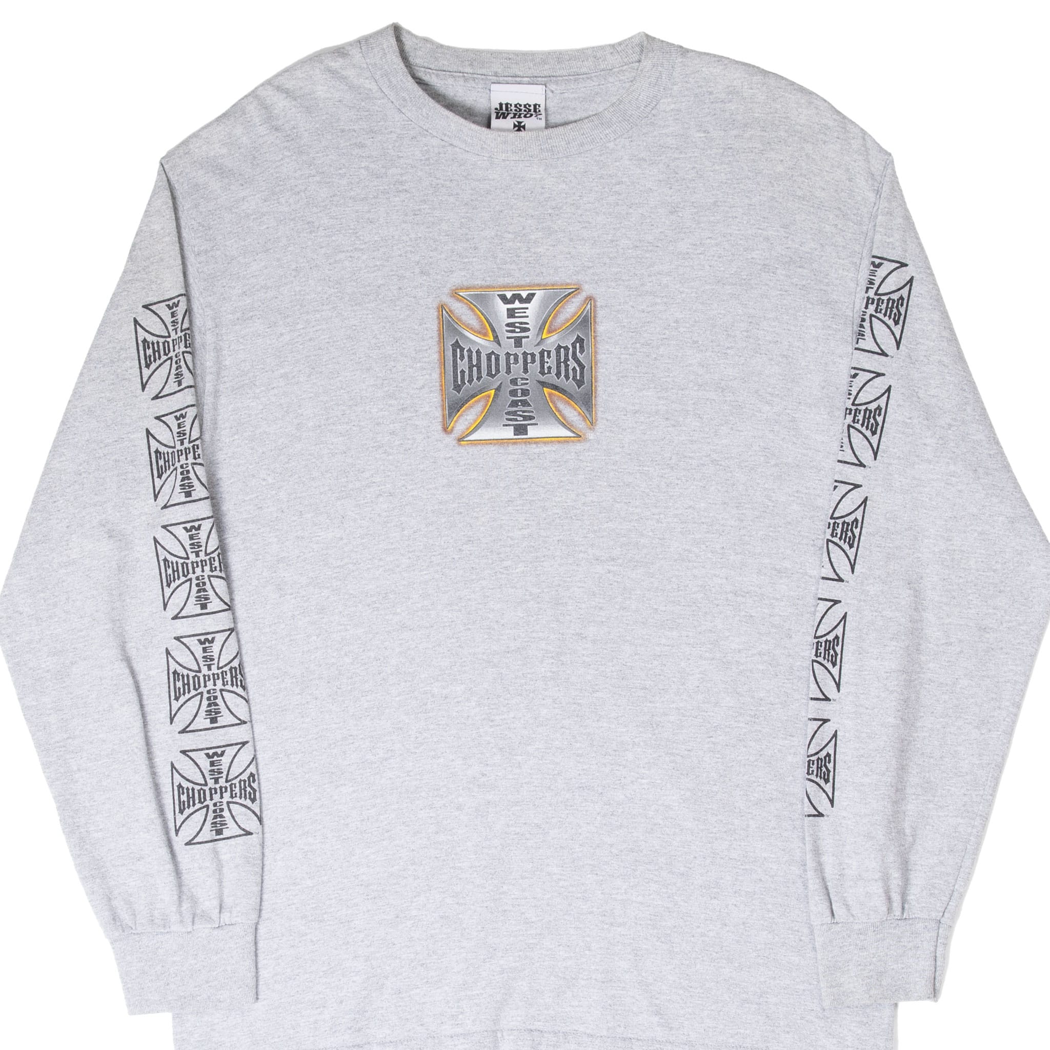 Front of gray West Coast Choppers long-sleeve T-shirt with chest and sleeve logo prints
