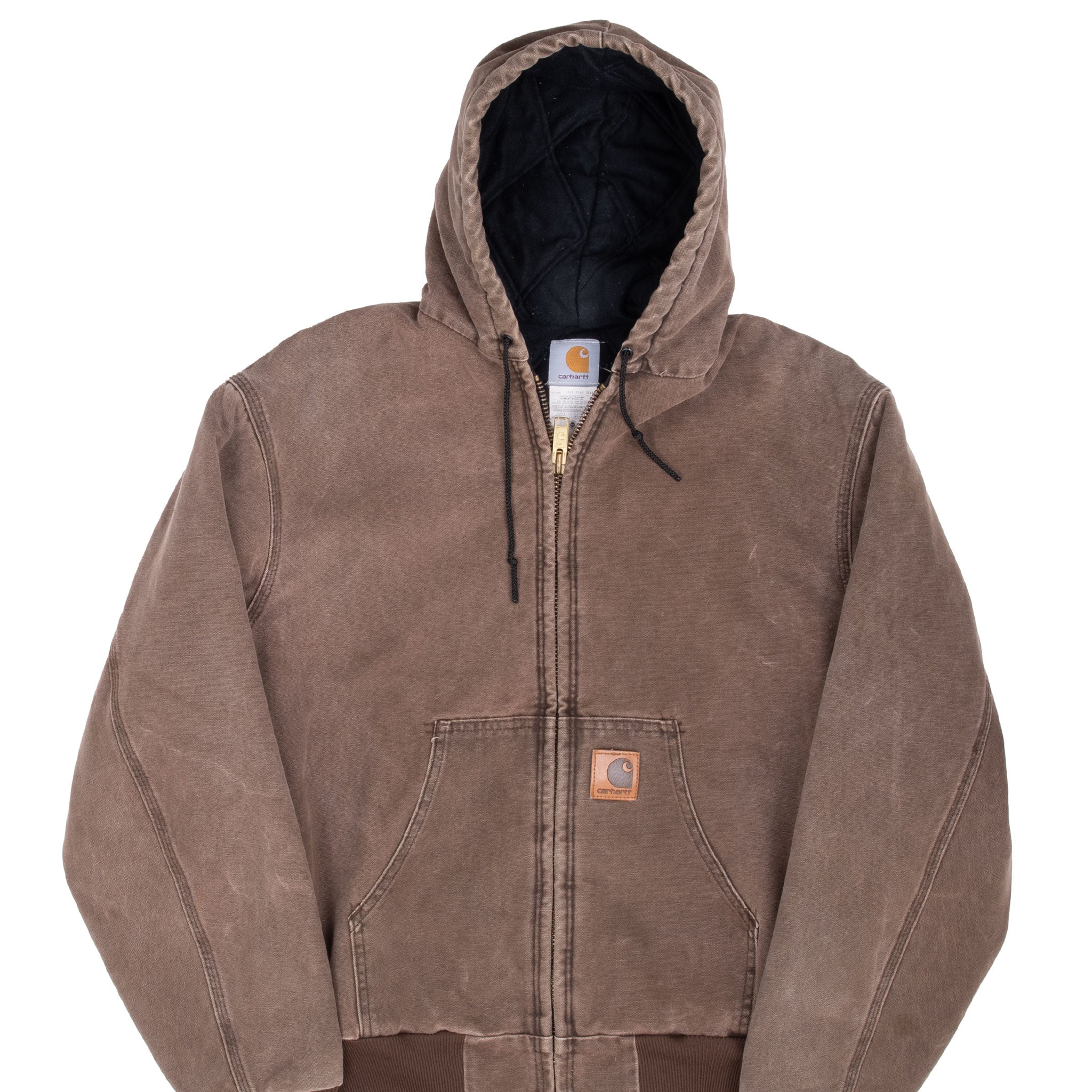 Front of chestnut brown Carhartt J68CHT hooded active jacket with zip closure and pouch pockets