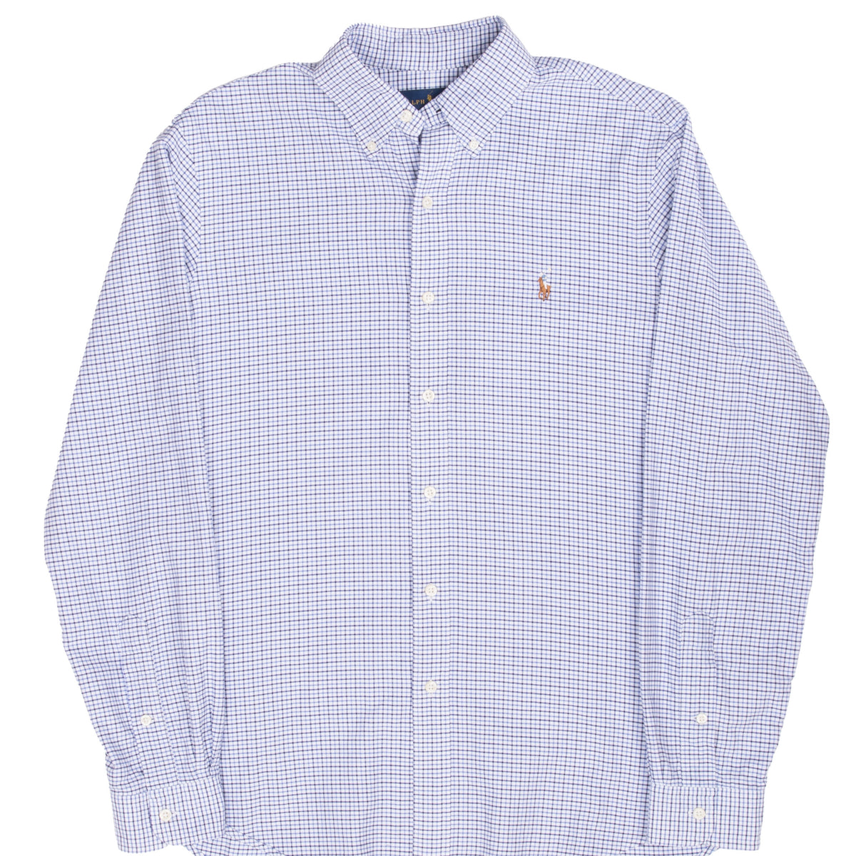 Front of Ralph Lauren blue and white plaid long-sleeve button-down shirt