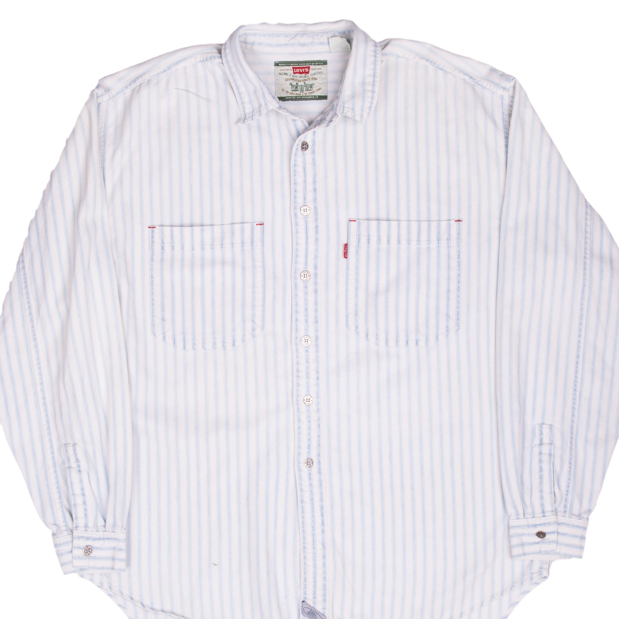 Vintage Levis Blue And White Striped Pocket Shirt 1990S Size Large