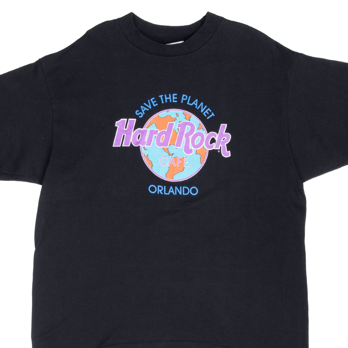 Front upper view of black Hard Rock Cafe Orlando T-shirt with colorful Save the Planet globe graphic