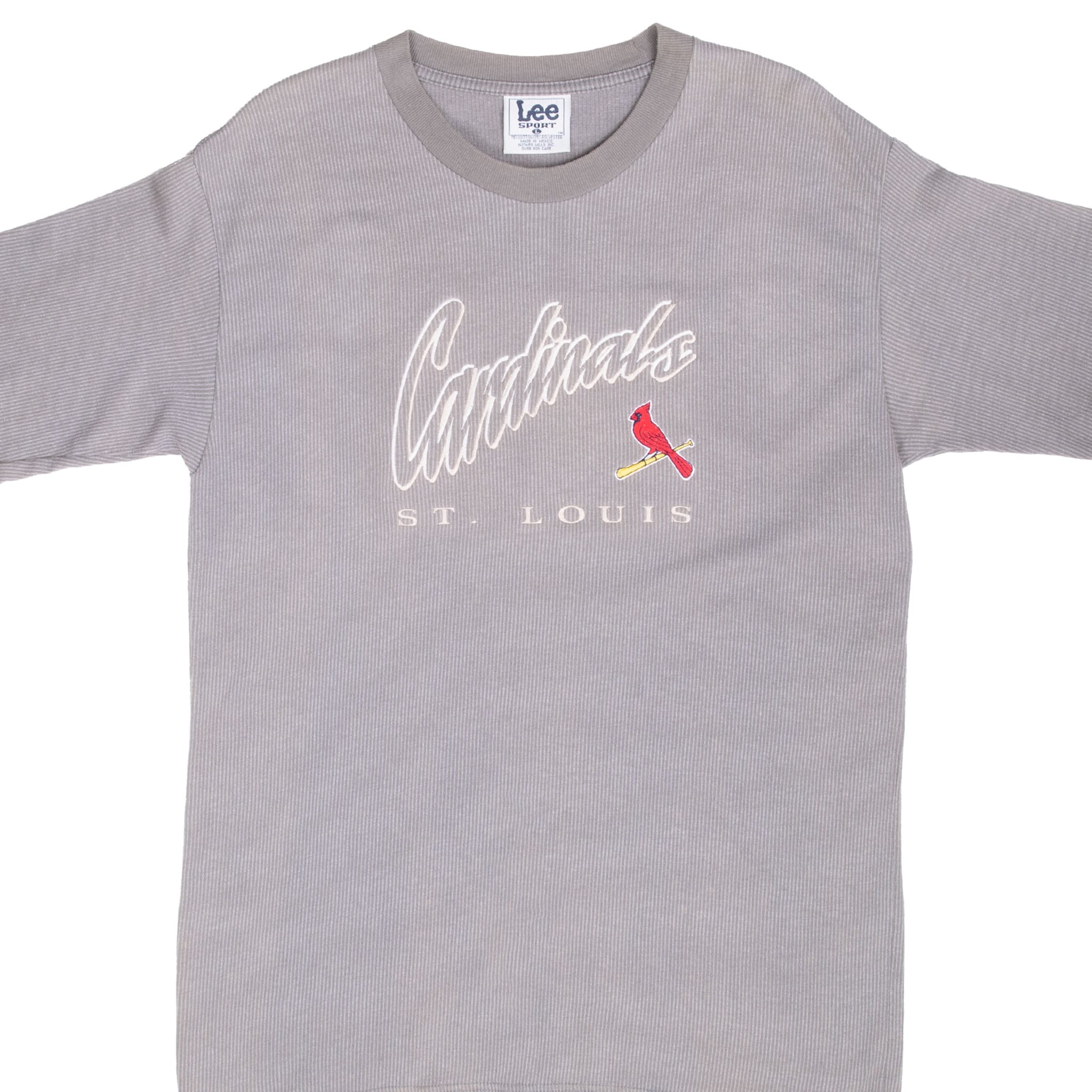 Front upper view of gray Lee Sport St. Louis Cardinals T-shirt with embroidered chest logo