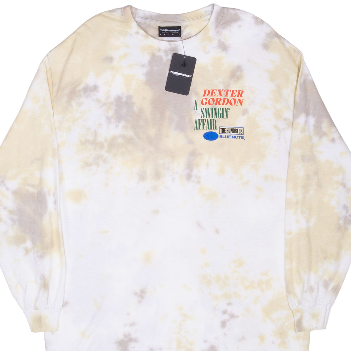 Front of The Hundreds x Blue Note tie-dye long-sleeve shirt with Dexter Gordon chest print