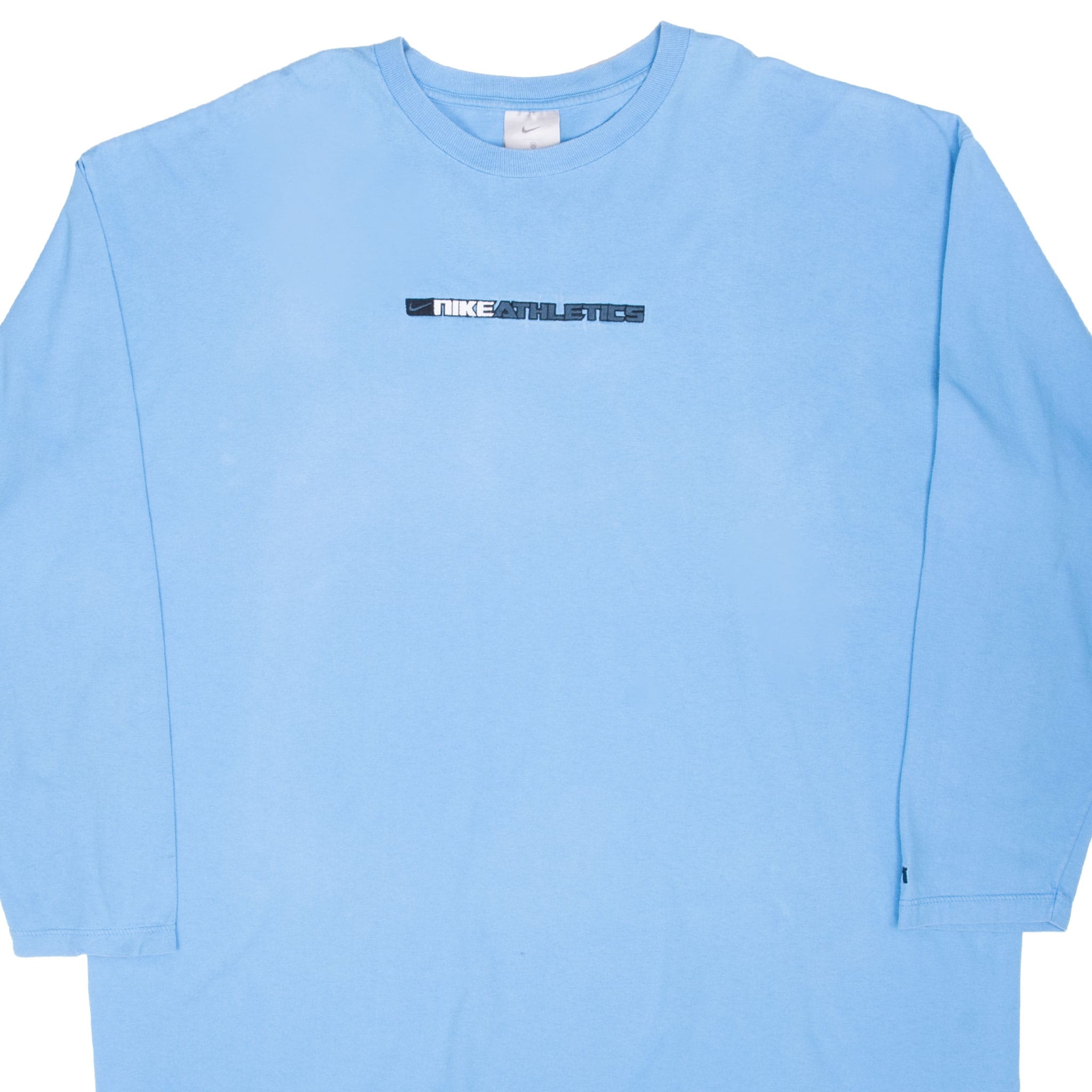 Front of blue Nike long-sleeve T-shirt with centered Nike Athletics embroidery