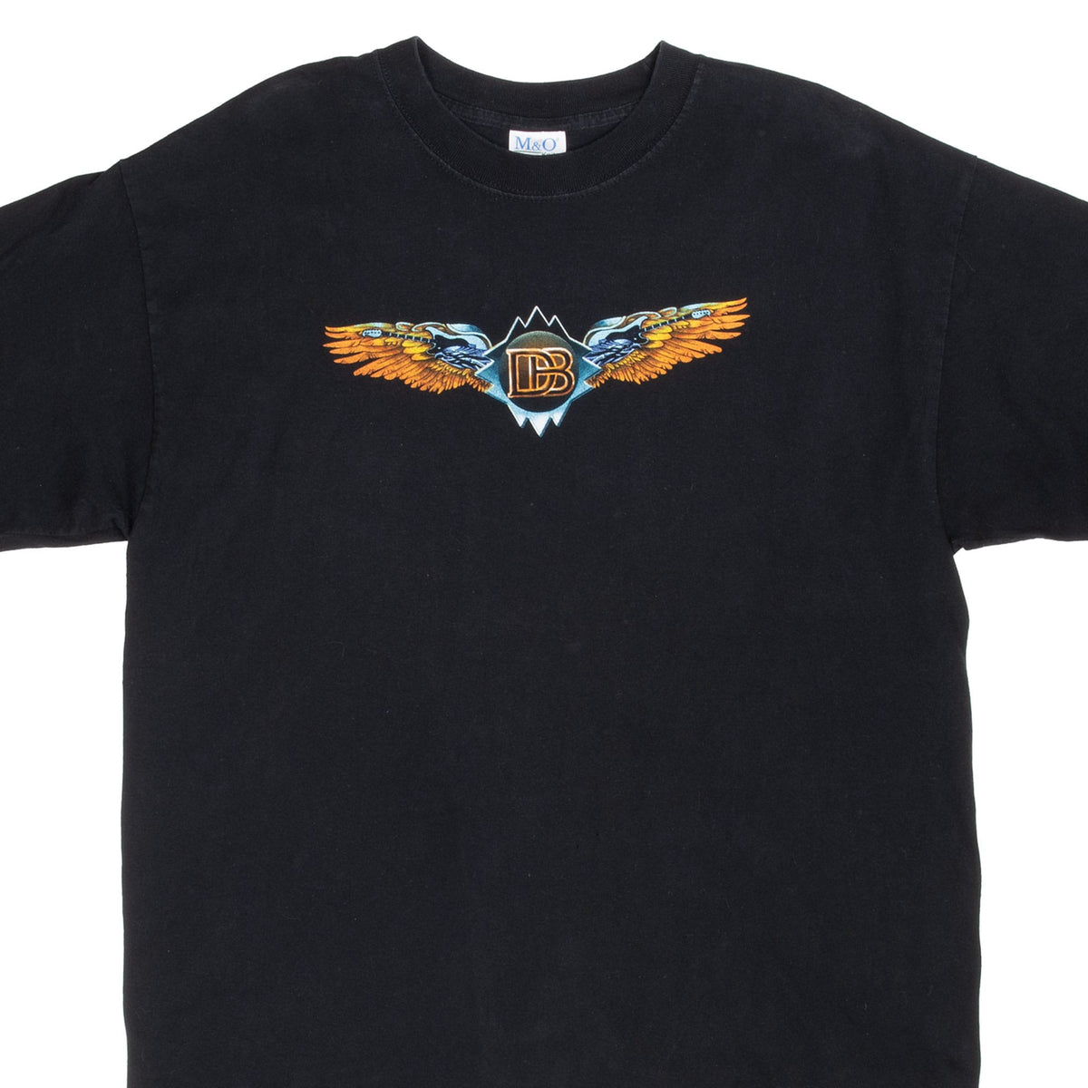 Upper front of black Doobie Brothers T-shirt with orange, blue and white winged DB logo