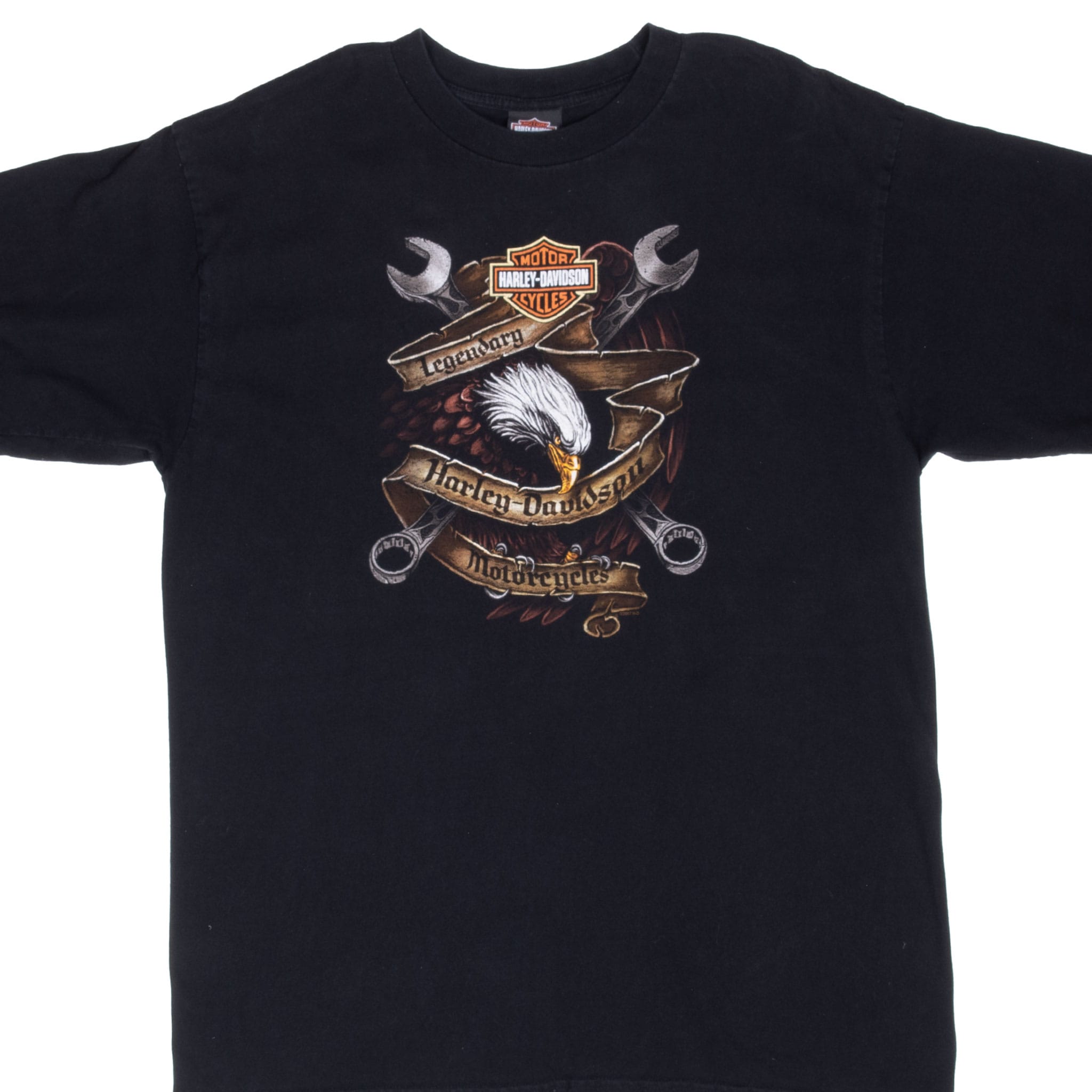 Front of black Harley-Davidson T-shirt with eagle, crossed wrenches and Legendary graphic