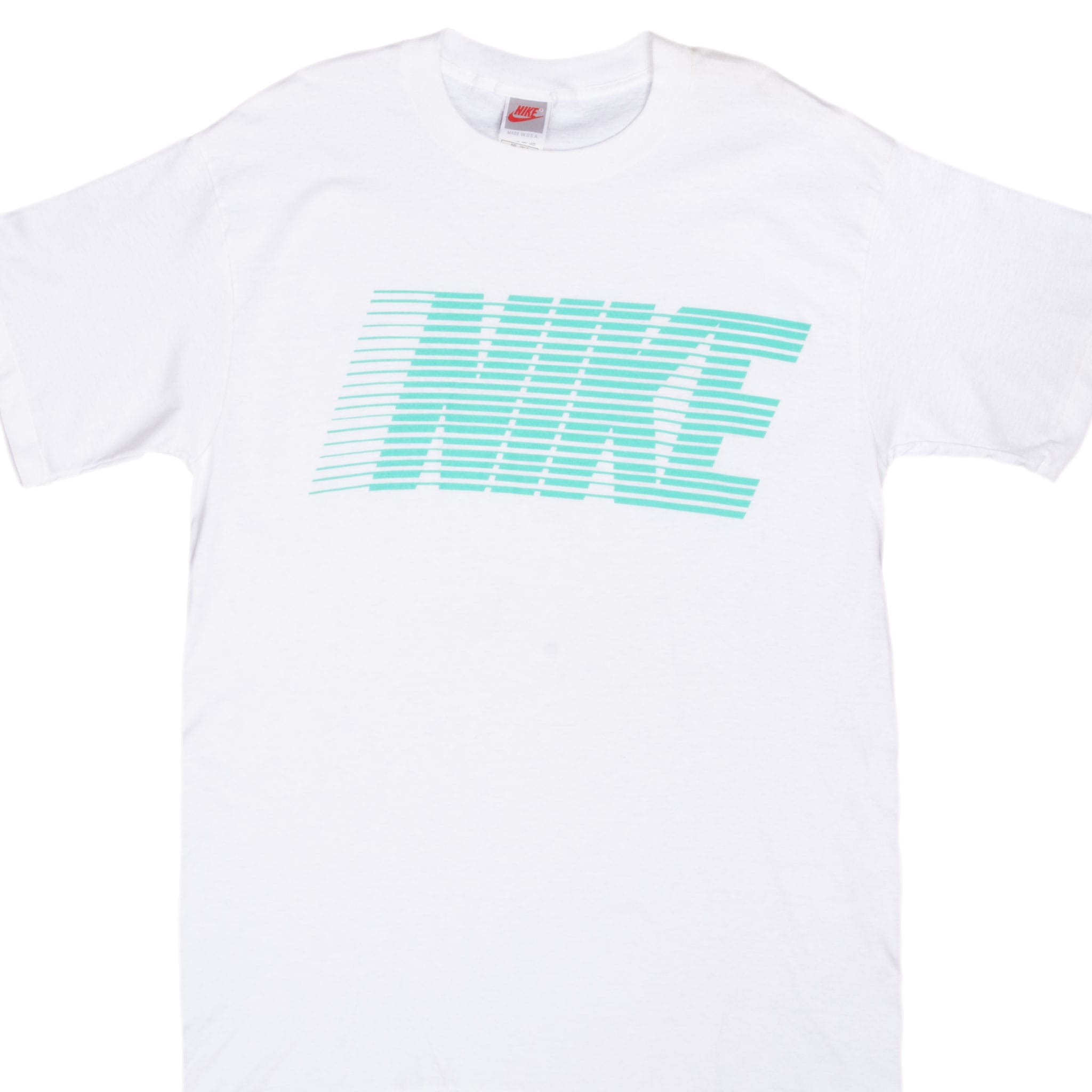 Front upper view of white Nike T-shirt with turquoise striped wordmark
