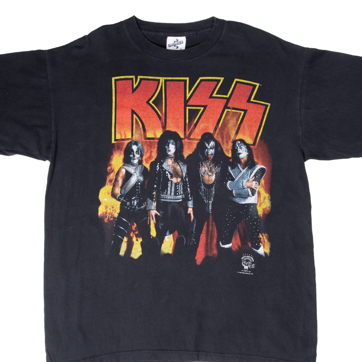 Front of black KISS T-shirt with band portrait and red, orange and yellow logo graphic