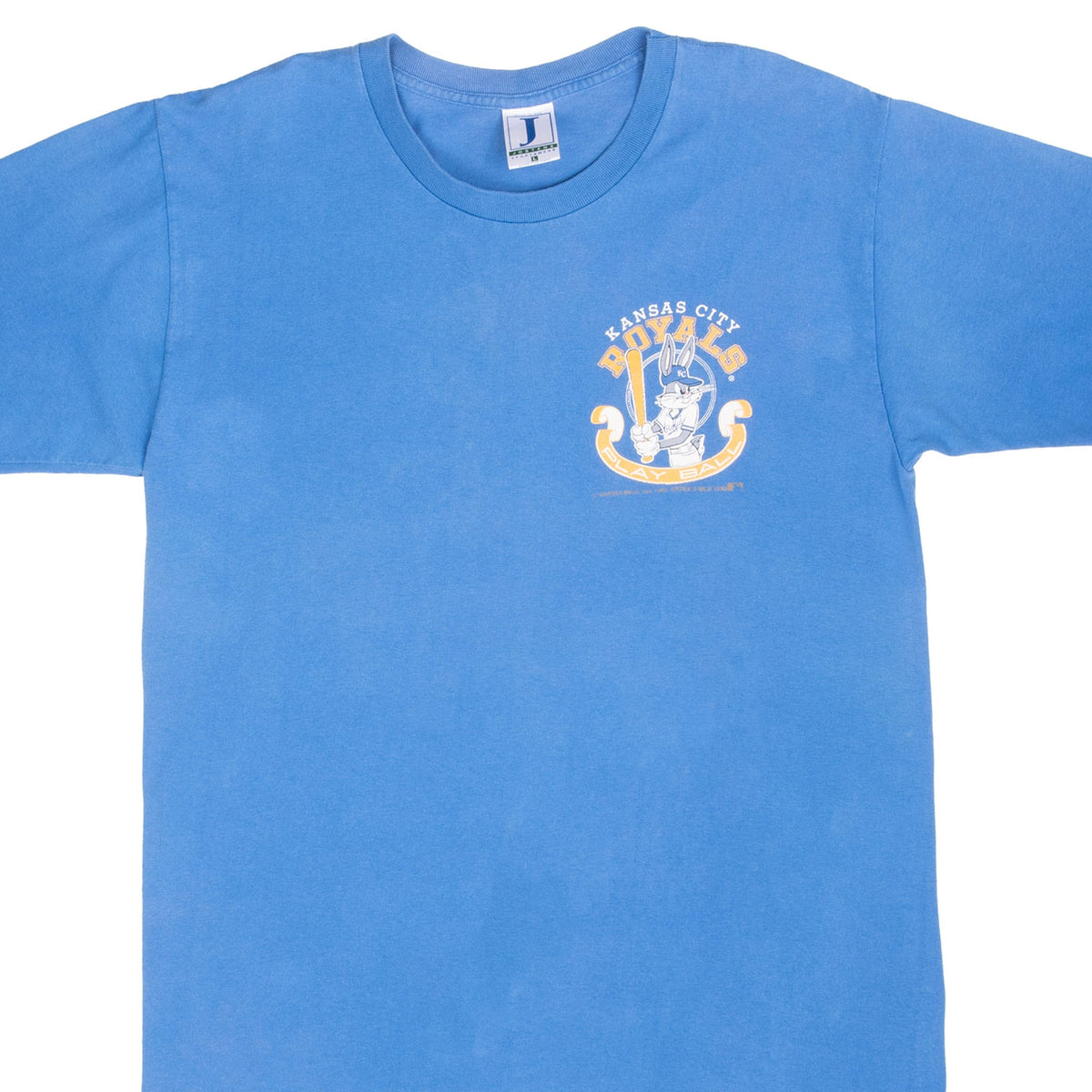 Upper front of blue Kansas City Royals T-shirt with small Bugs Bunny chest graphic