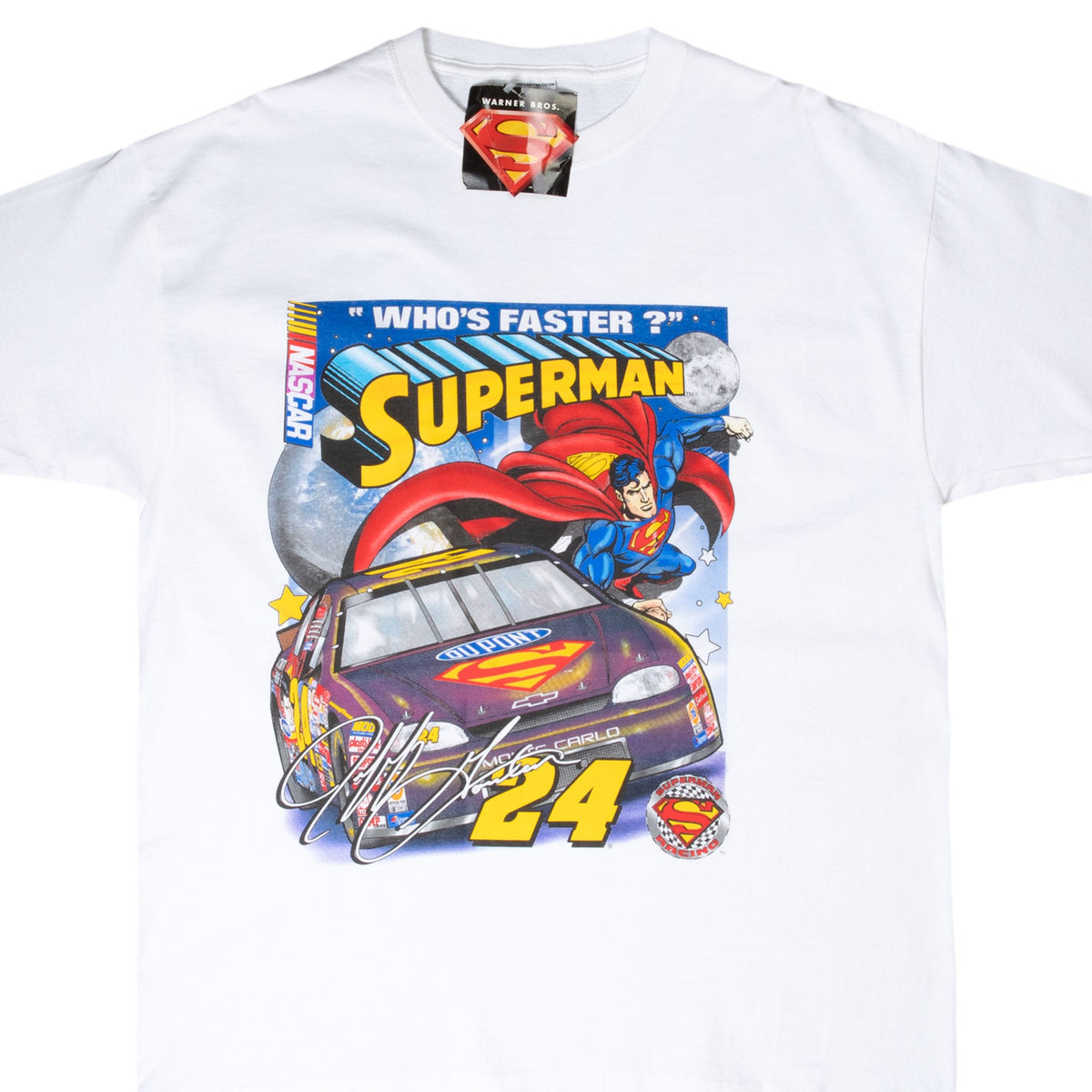 Front of white Jeff Gordon T-shirt with Superman, No. 24 DuPont car and Who's Faster graphic