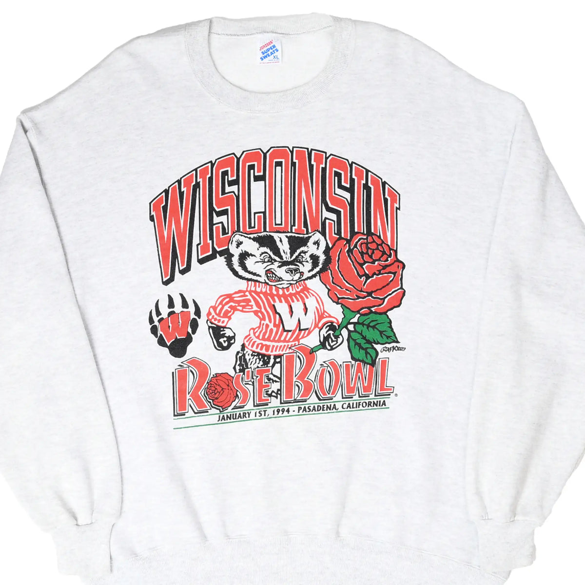 Front of gray Wisconsin Badgers Rose Bowl sweatshirt with Bucky Badger and red rose graphic