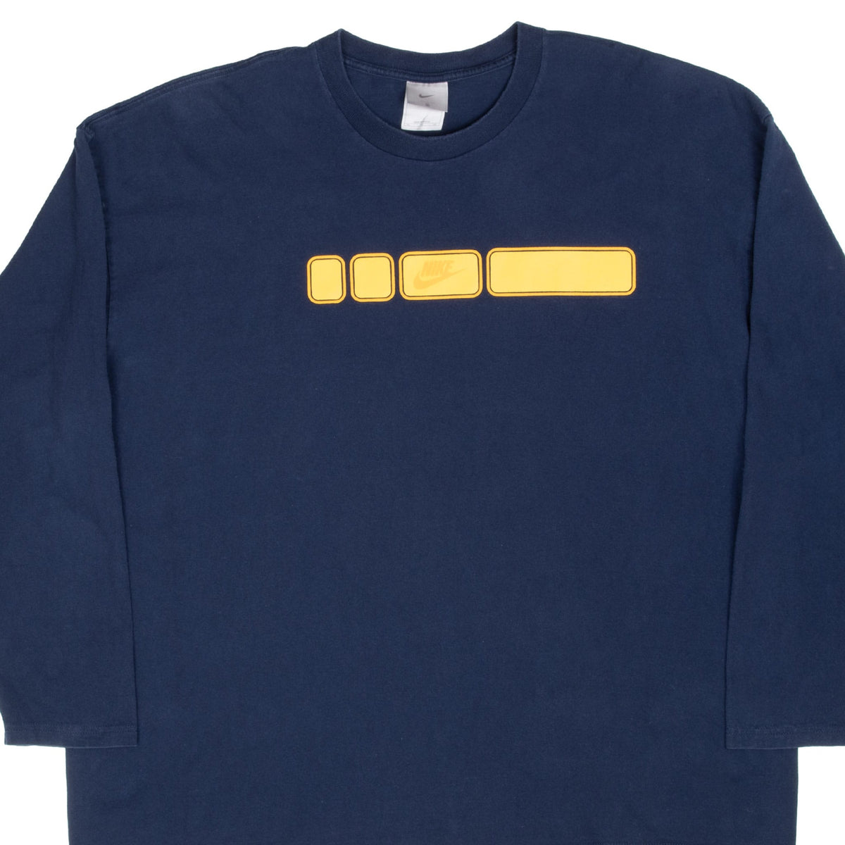 Cropped front view of navy Nike long-sleeve T-shirt with yellow geometric chest graphic