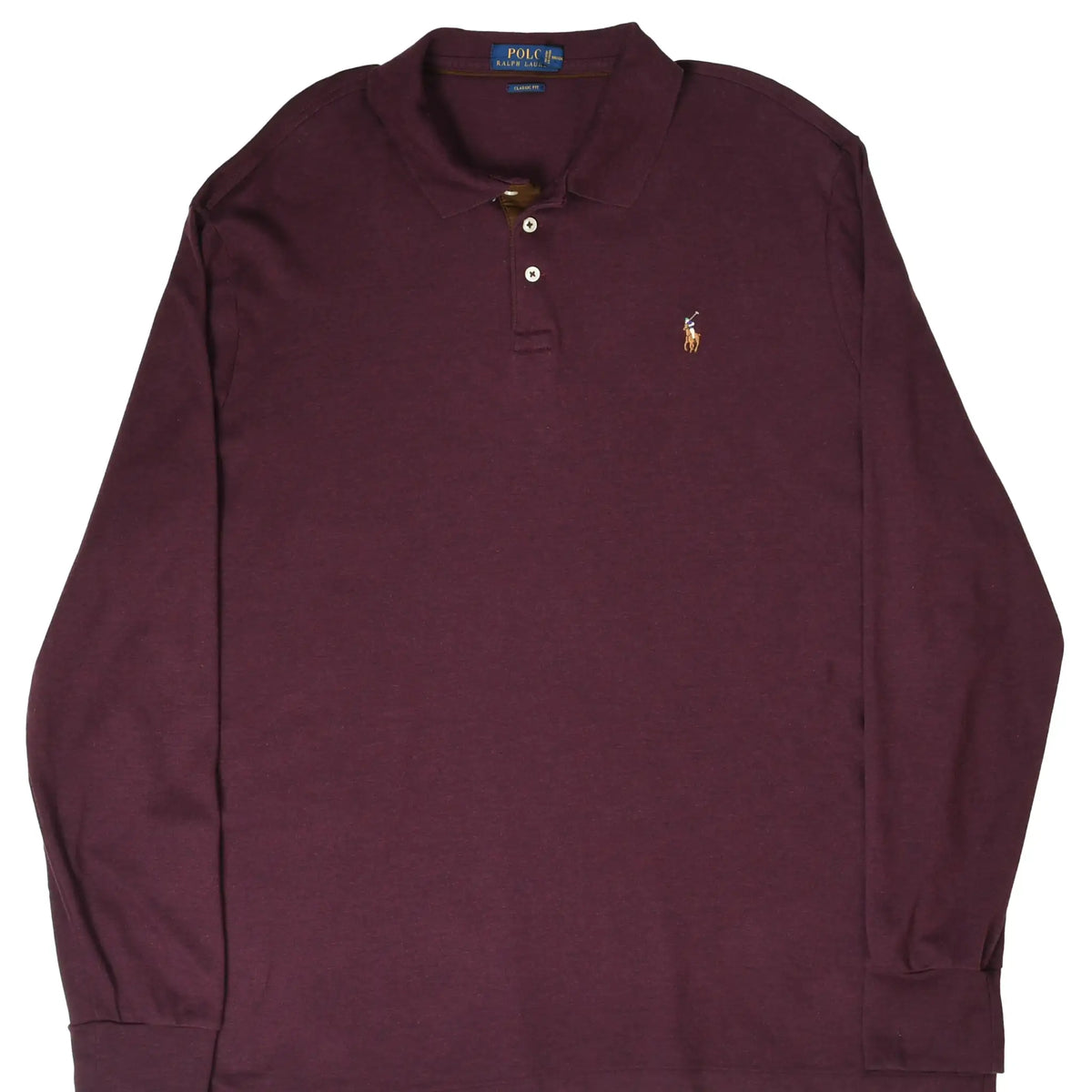 Front of burgundy Polo Ralph Lauren long-sleeve polo shirt with embroidered pony logo