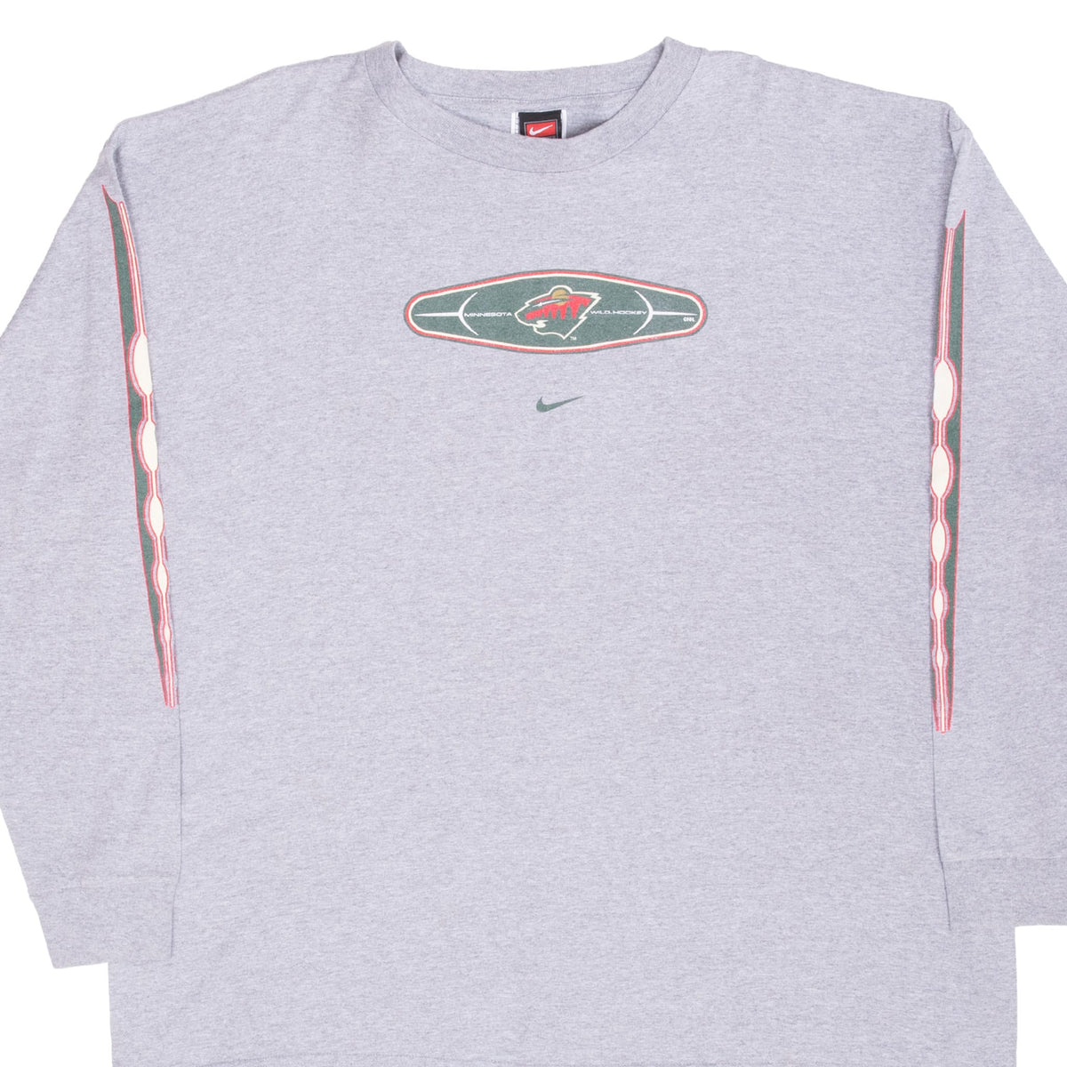 Front detail of gray Nike Minnesota Wild long-sleeve shirt with chest logo and sleeve graphics