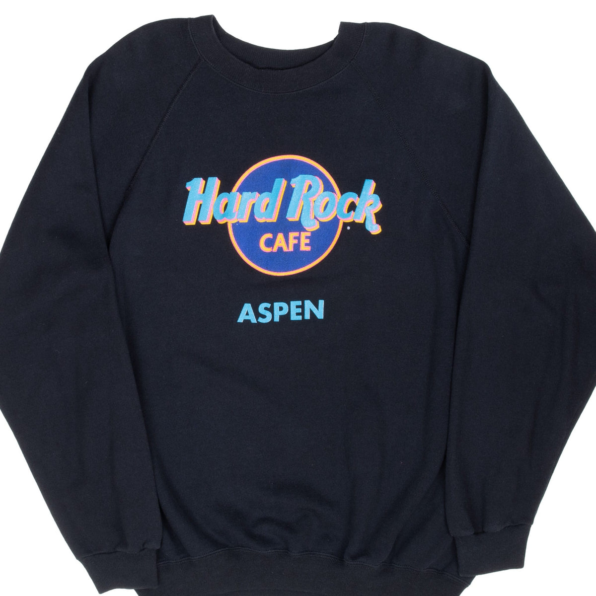 Front of black Hard Rock Cafe Aspen crewneck sweatshirt with colorful logo and raglan sleeves
