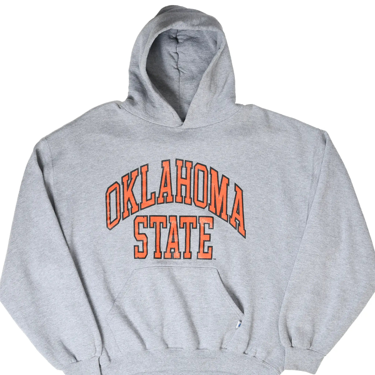 Front of gray Oklahoma State hoodie with orange and black arched lettering