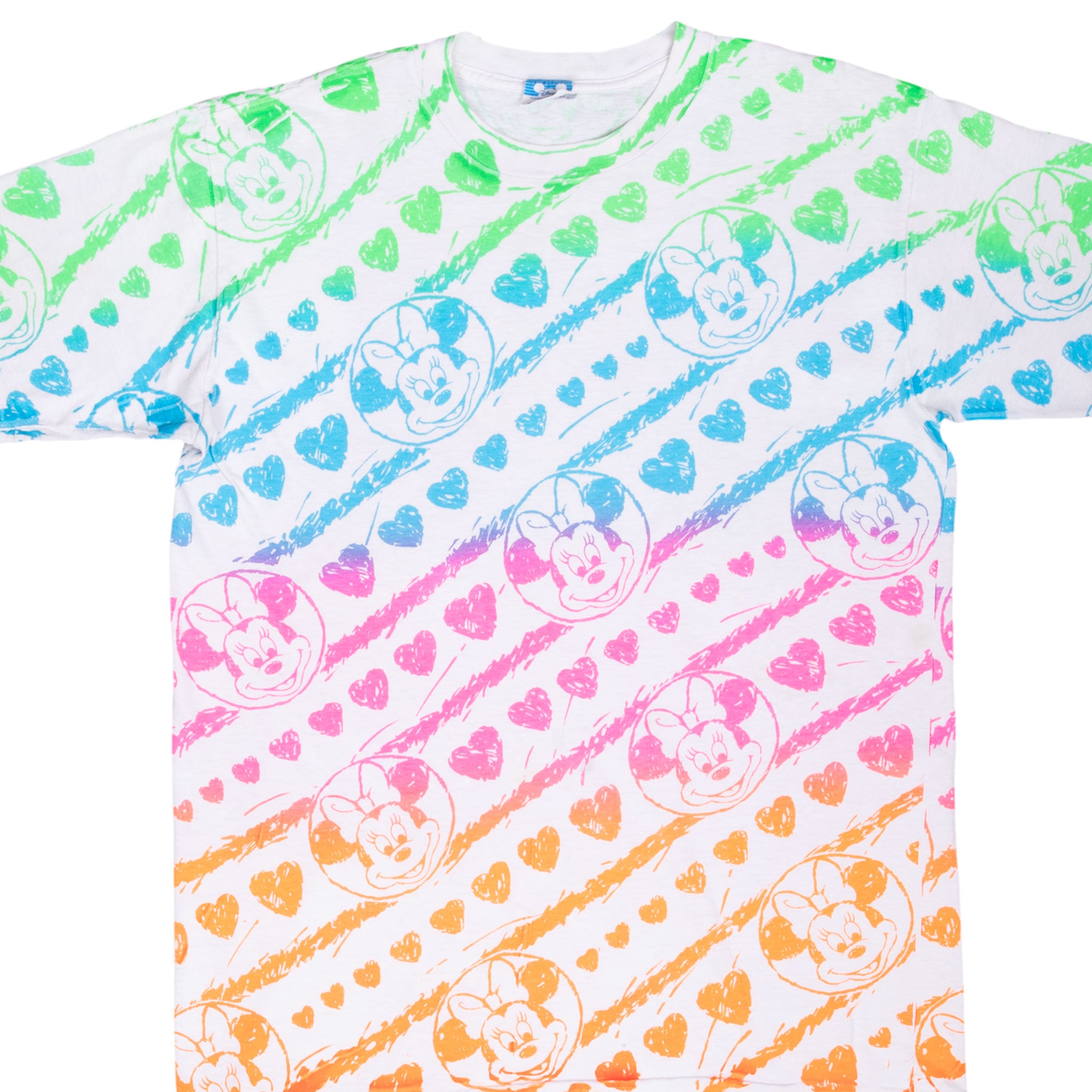 Vintage Rainbow All Over Print Mickey Minnie Mouse Tee Shirt 1990S Size Large Made In USA With Single Stitch Sleeves