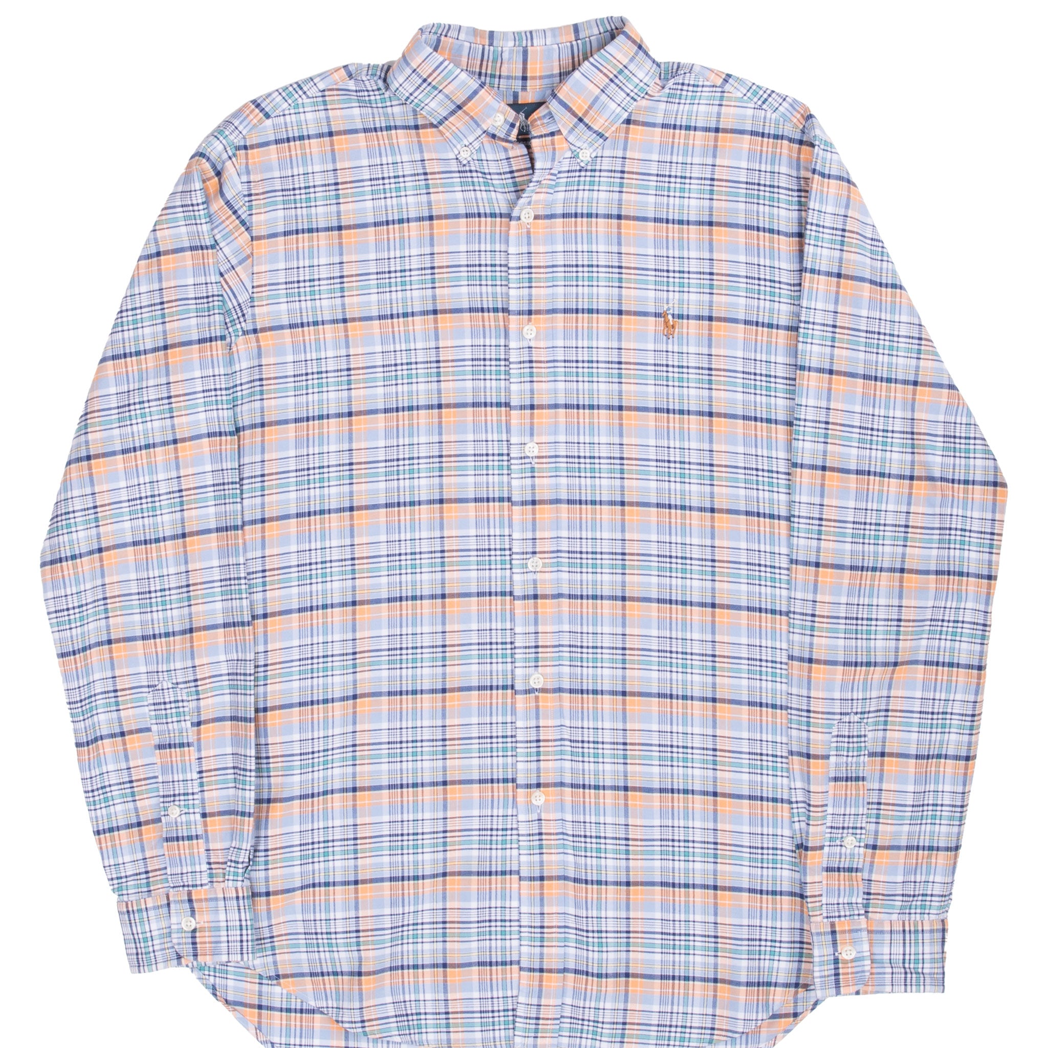 Front of Ralph Lauren long-sleeve plaid shirt with button-down collar and embroidered Polo logo
