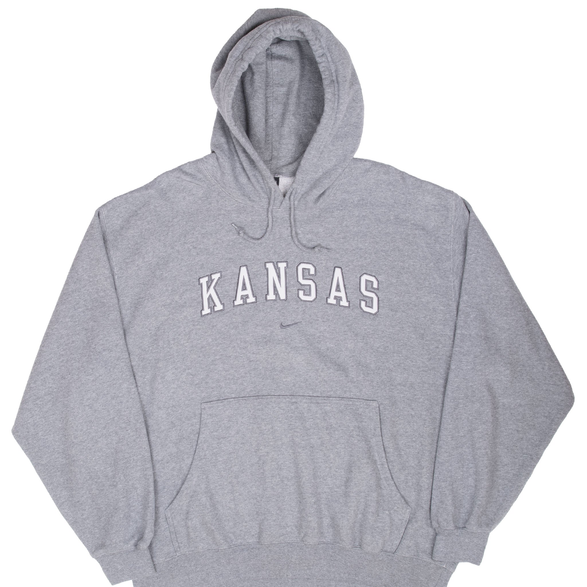 VINTAGE NIKE KANSAS CENTER SWOOSH GREY HOODIE SWEATSHIRT 1990S XL