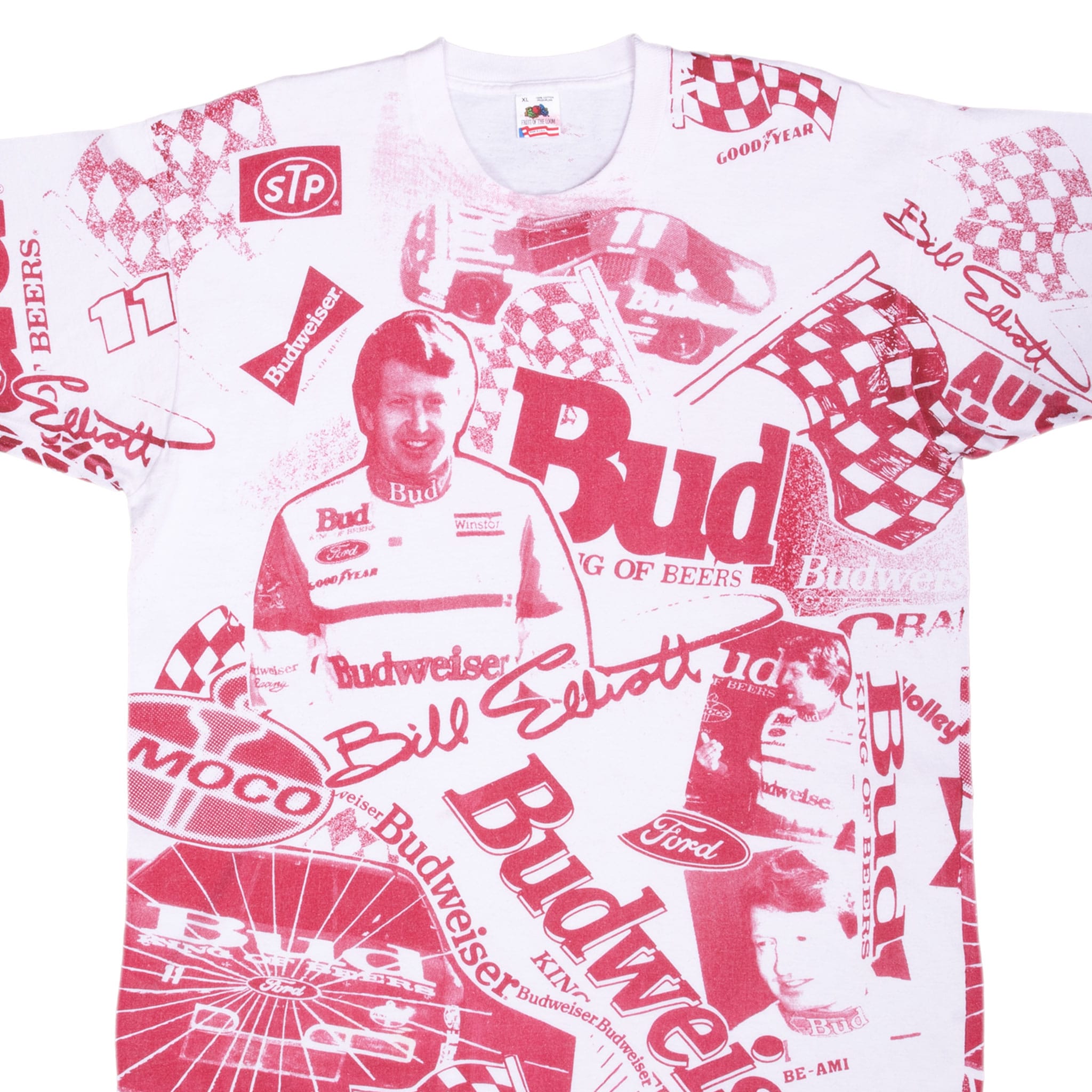 Front of white Bill Elliott NASCAR T-shirt with red Budweiser racing all-over print