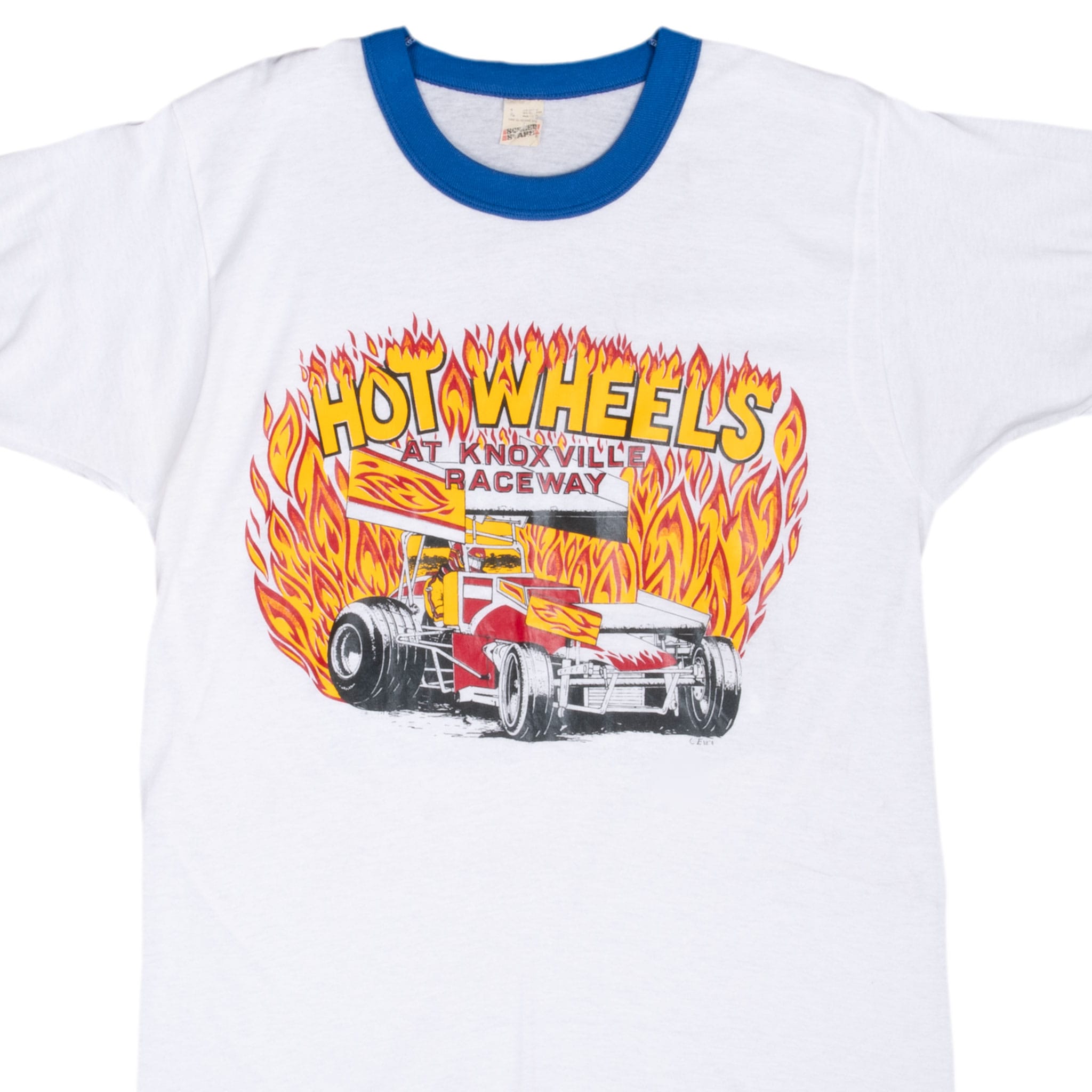 Close-up of Hot Wheels at Knoxville Raceway sprint car graphic on white ringer T-shirt front