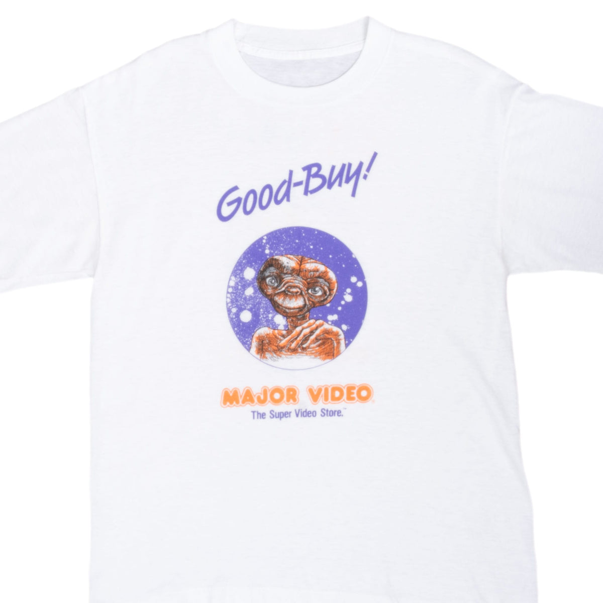 Front of white E.T. T-shirt with purple and orange Good-Buy! Major Video graphic