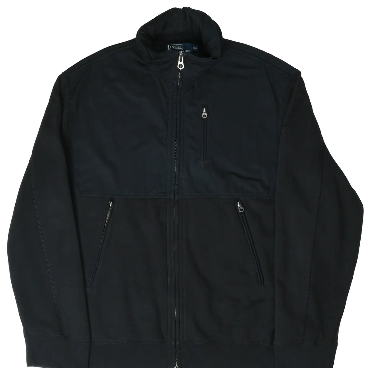 Front of black Polo Ralph Lauren full-zip jacket with three zippered pockets