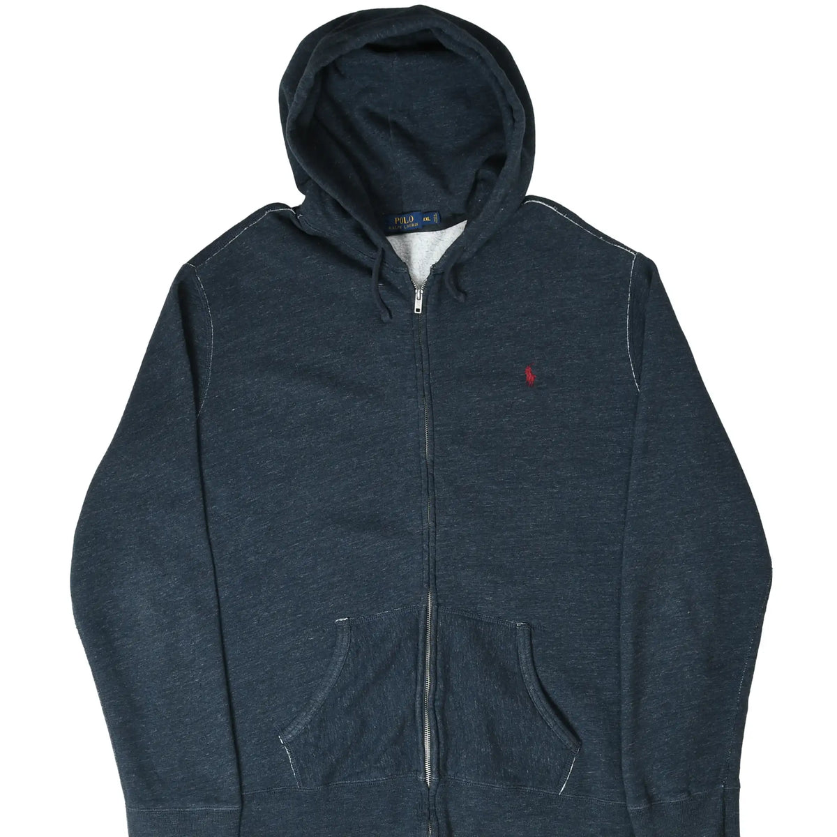 Front of blue Polo Ralph Lauren full-zip hoodie with red embroidered pony logo