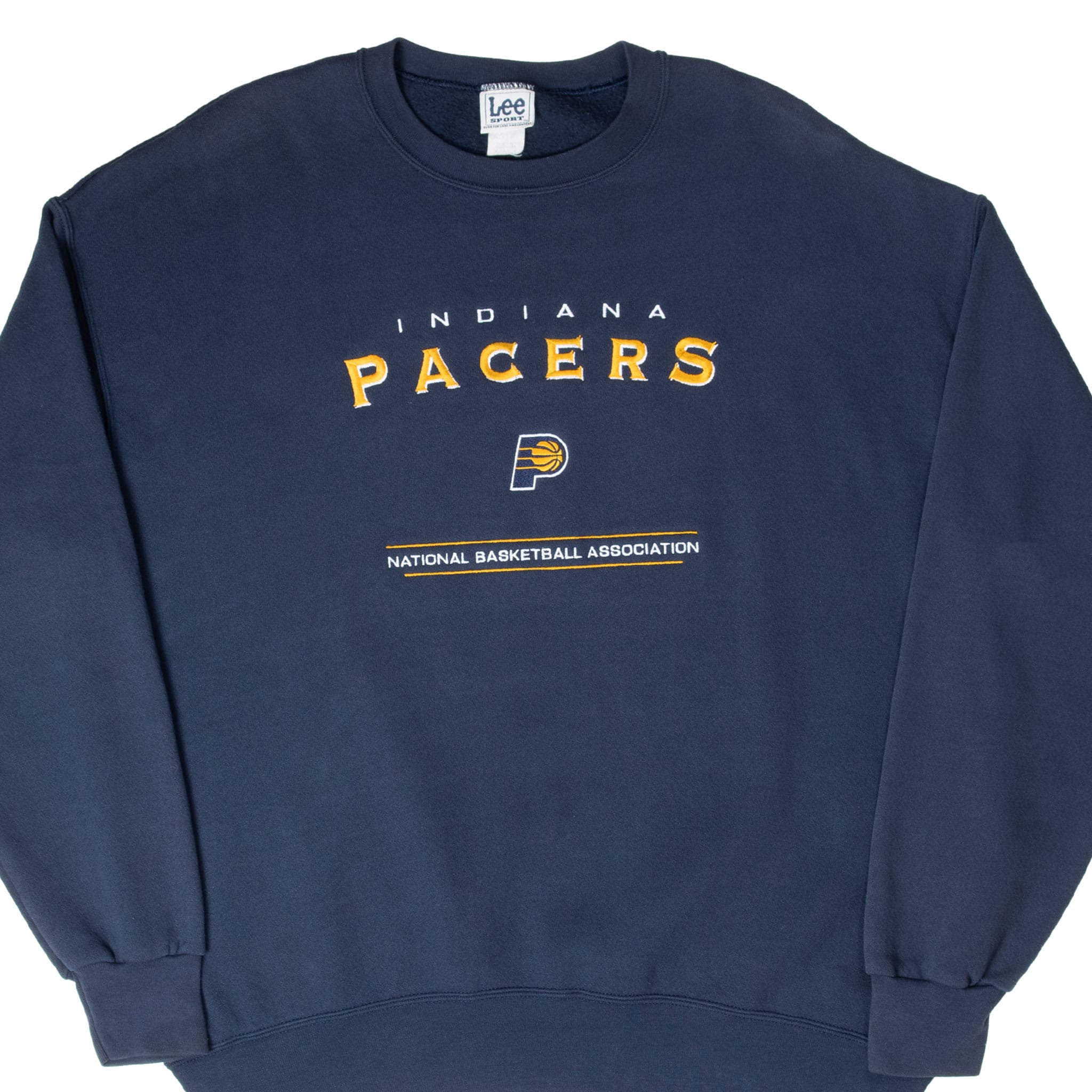 Front of navy Lee Sport Indiana Pacers crewneck sweatshirt with embroidered team logo