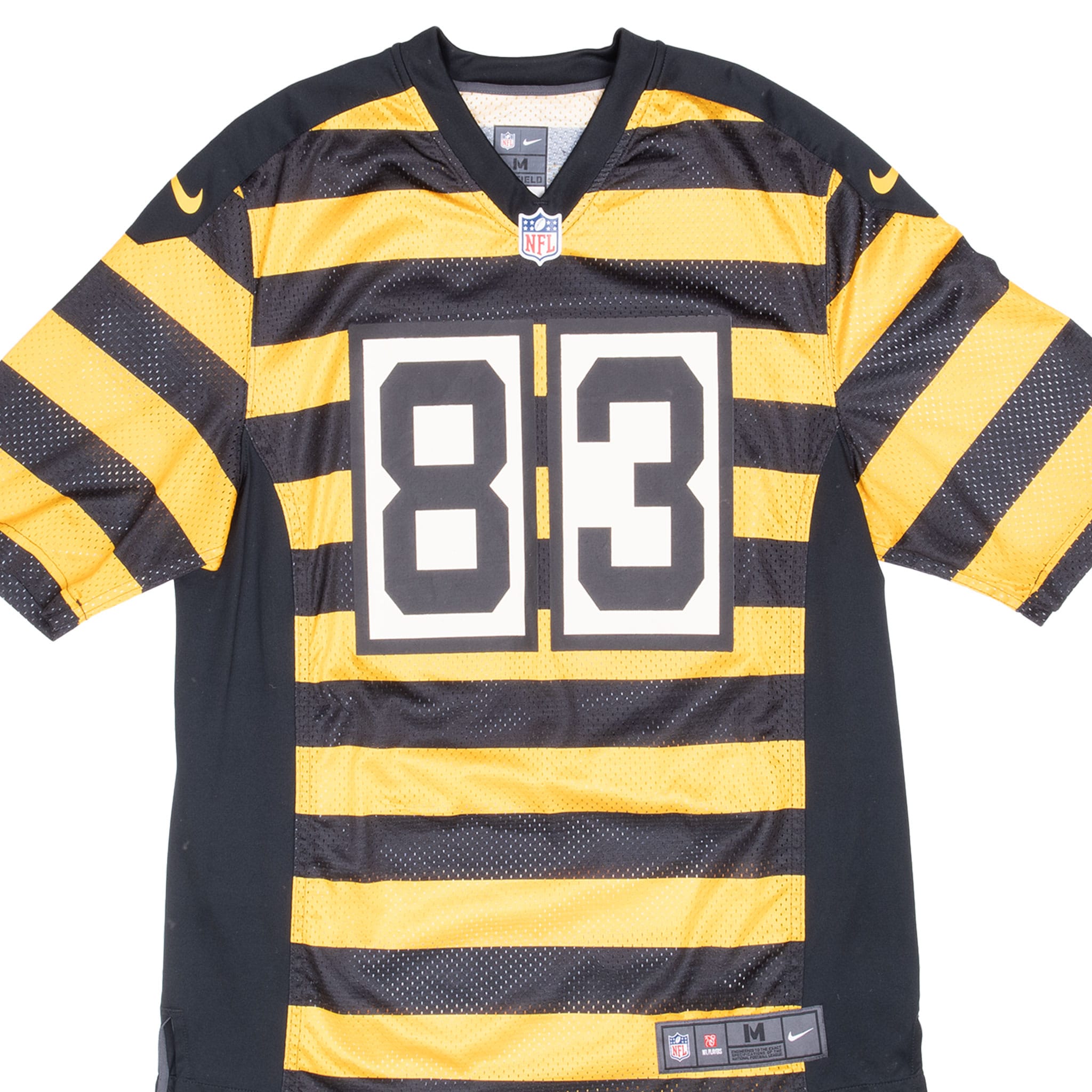 Front close-up of Nike Pittsburgh Steelers Miller jersey with black and gold stripes and number 83