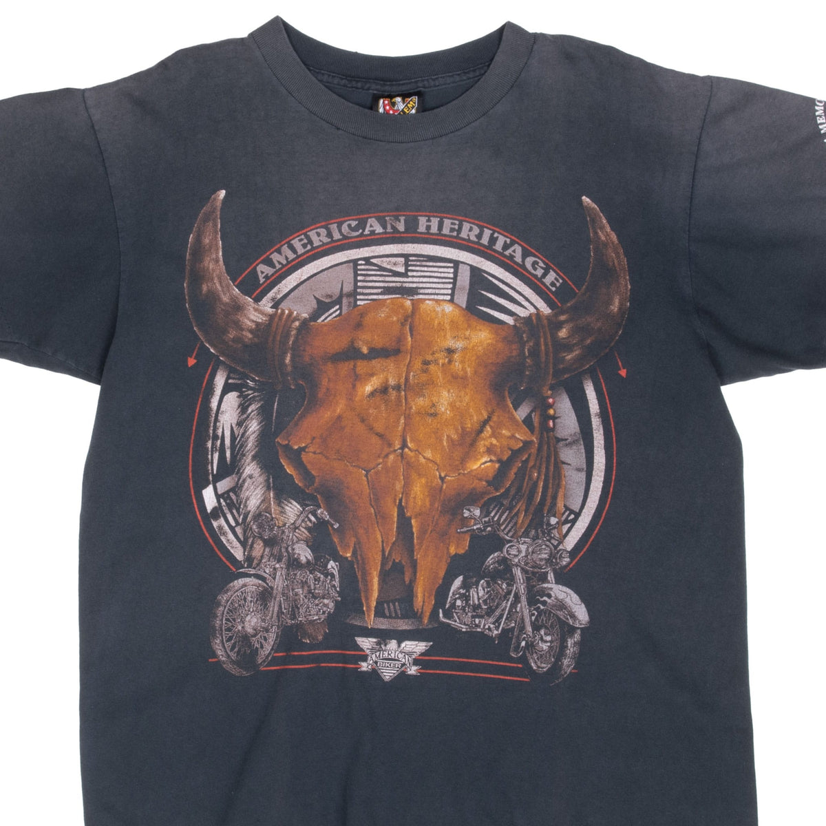 Front of faded black 3D Emblem tee with American Heritage bull skull and motorcycle graphic