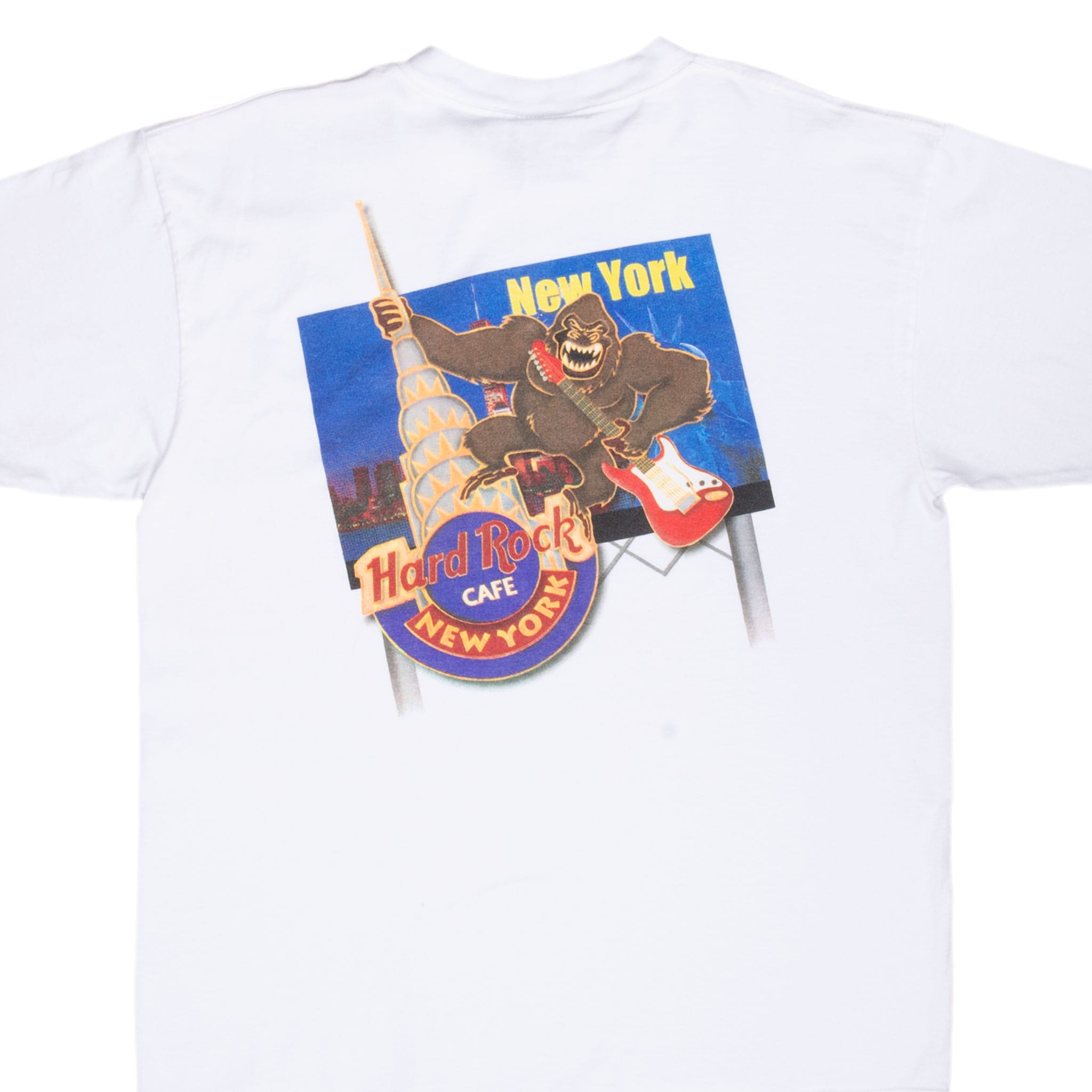 Back of white Hard Rock Cafe New York T-shirt with King Kong, guitar and city skyline graphic