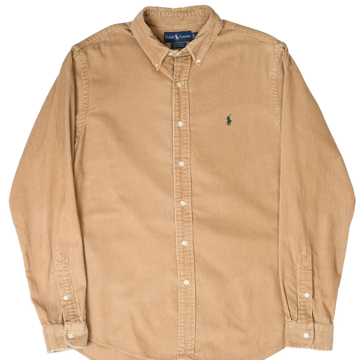 Front of beige Ralph Lauren corduroy button-down shirt with green pony embroidery