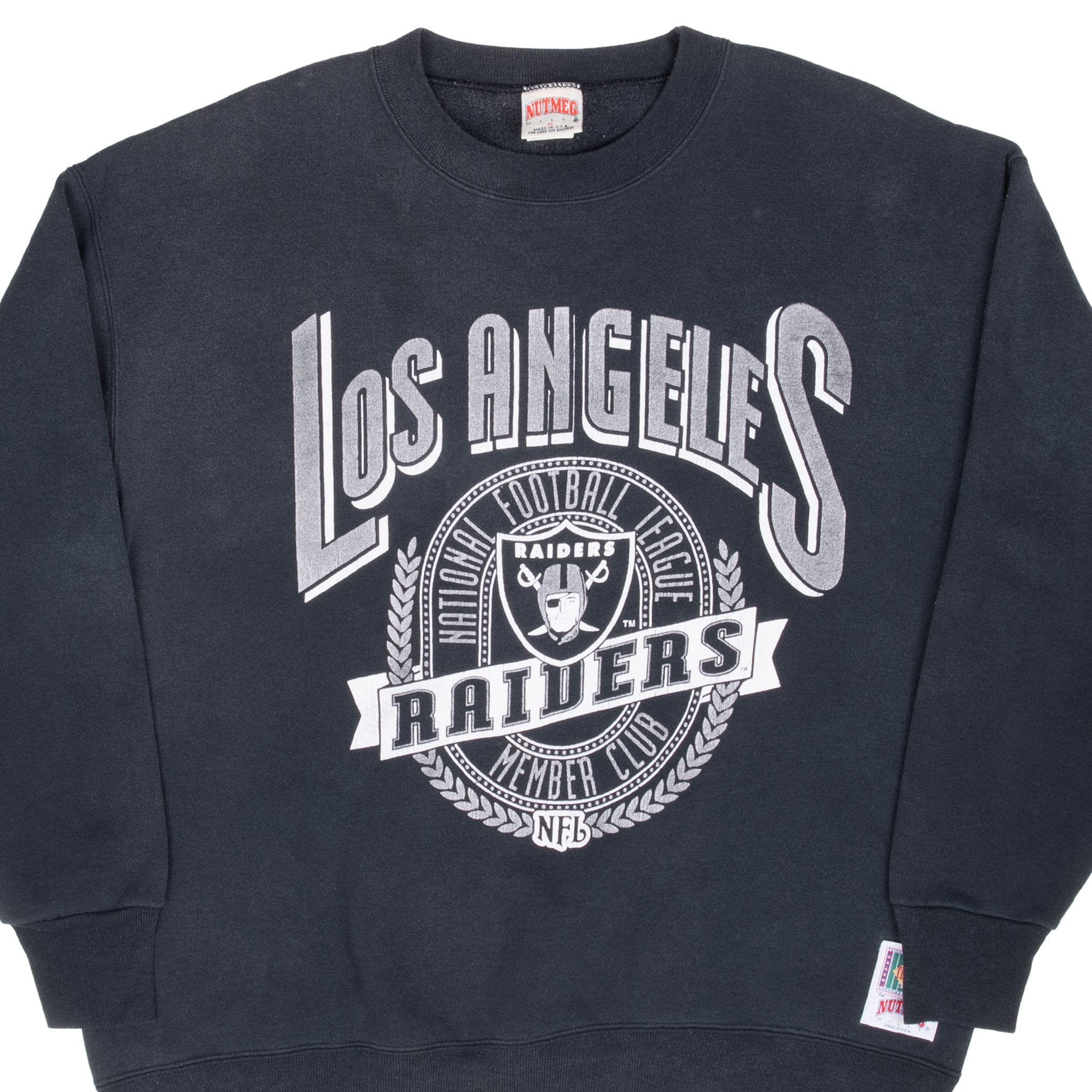 Front of black Los Angeles Raiders crewneck sweatshirt with silver-and-white NFL graphic