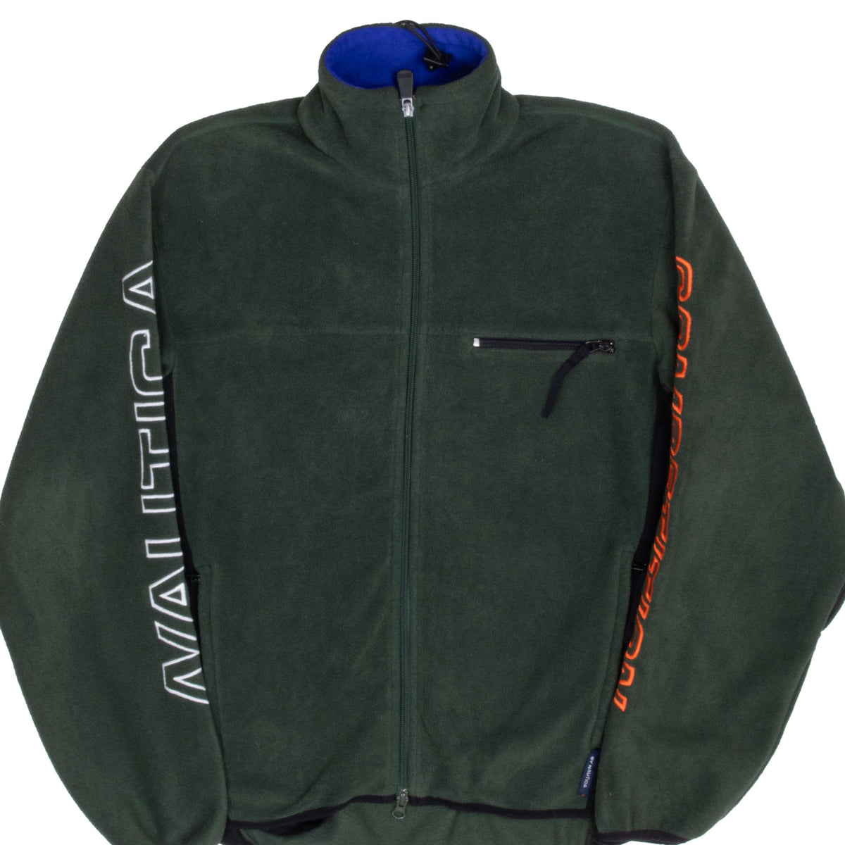 Front of green Nautica Competition fleece jacket with chest pocket and outlined sleeve lettering