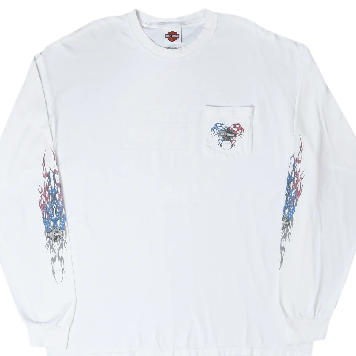 Front of white Harley-Davidson long-sleeve pocket T-shirt with red and blue flame sleeve graphics