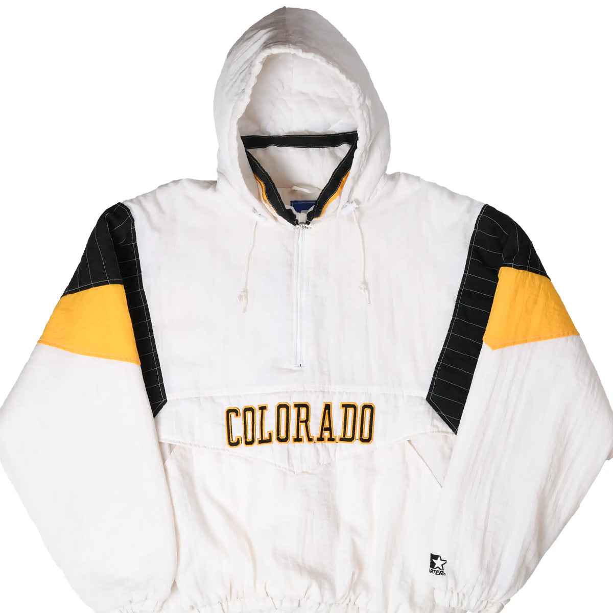 Front of white Colorado Buffaloes Starter pullover jacket with black and gold shoulder panels