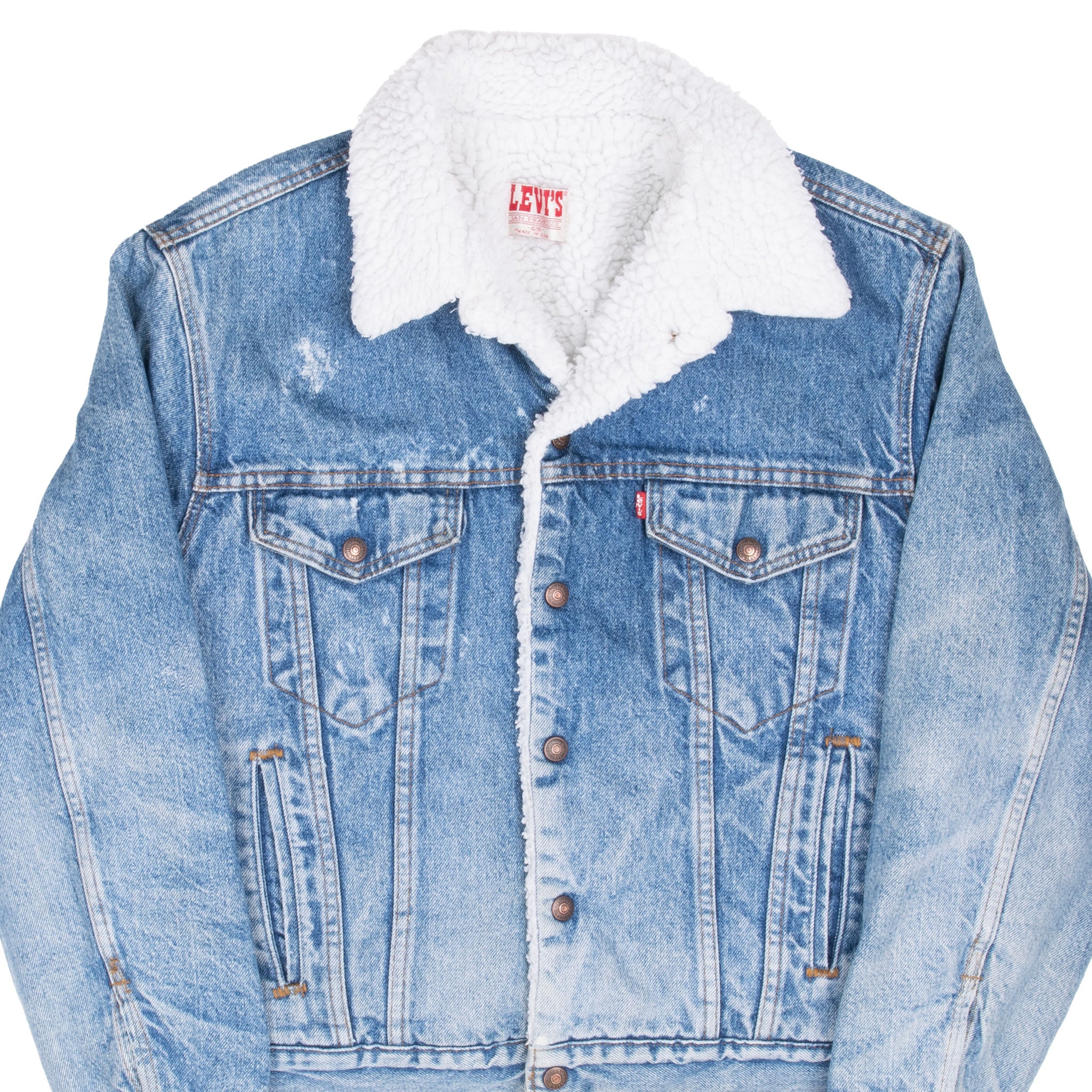 Vintage Levis Sherpa Trucker Blue Denim Jacket 1980S Size 42R Made In Usa
