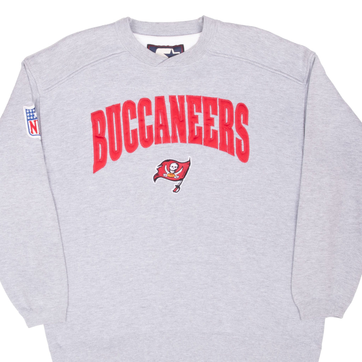 Front of gray Starter Tampa Bay Buccaneers sweatshirt with red lettering and flag logo