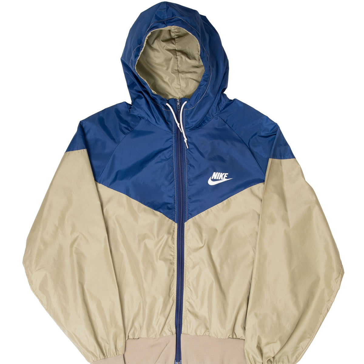 Front of blue and gold Nike hooded windbreaker with chevron panel and white Swoosh logo