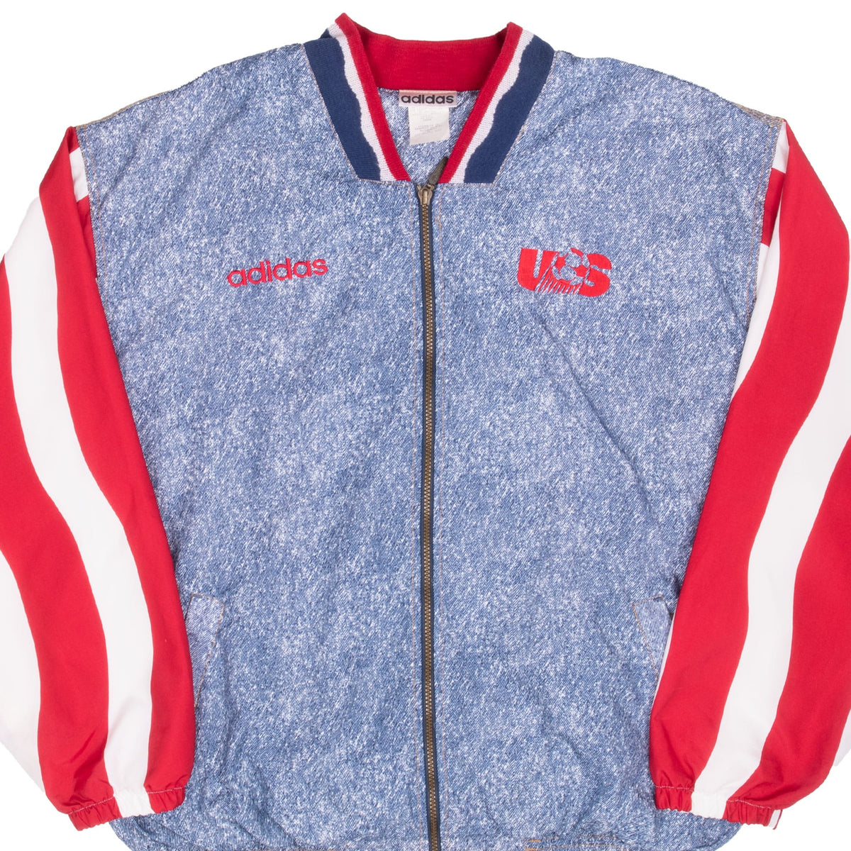 Front of adidas Team USA soccer windbreaker with blue patterned body and red-and-white sleeves